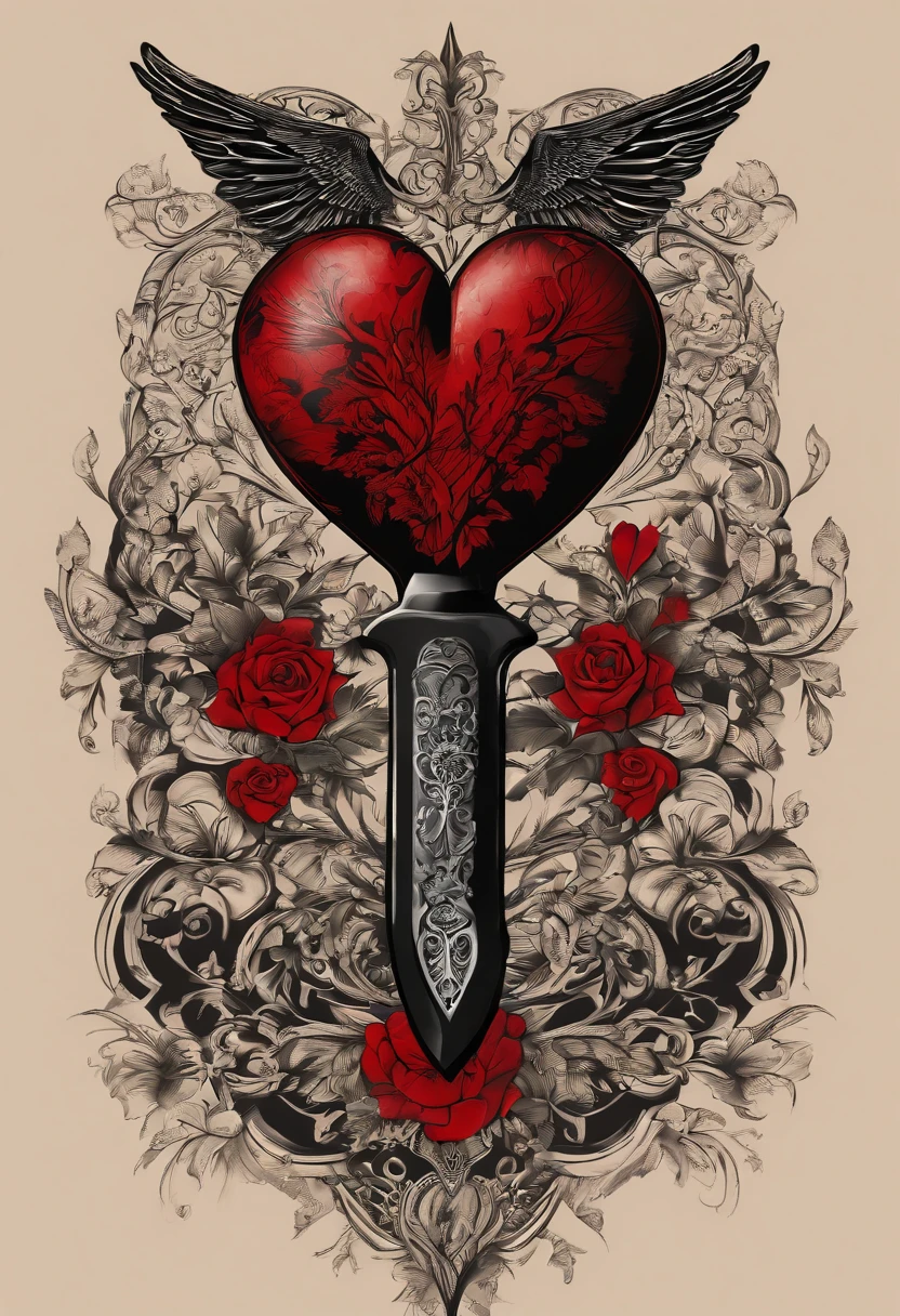Black and red tattoo with a winged heart and a knife behind the broken heart vintage style in the 70's