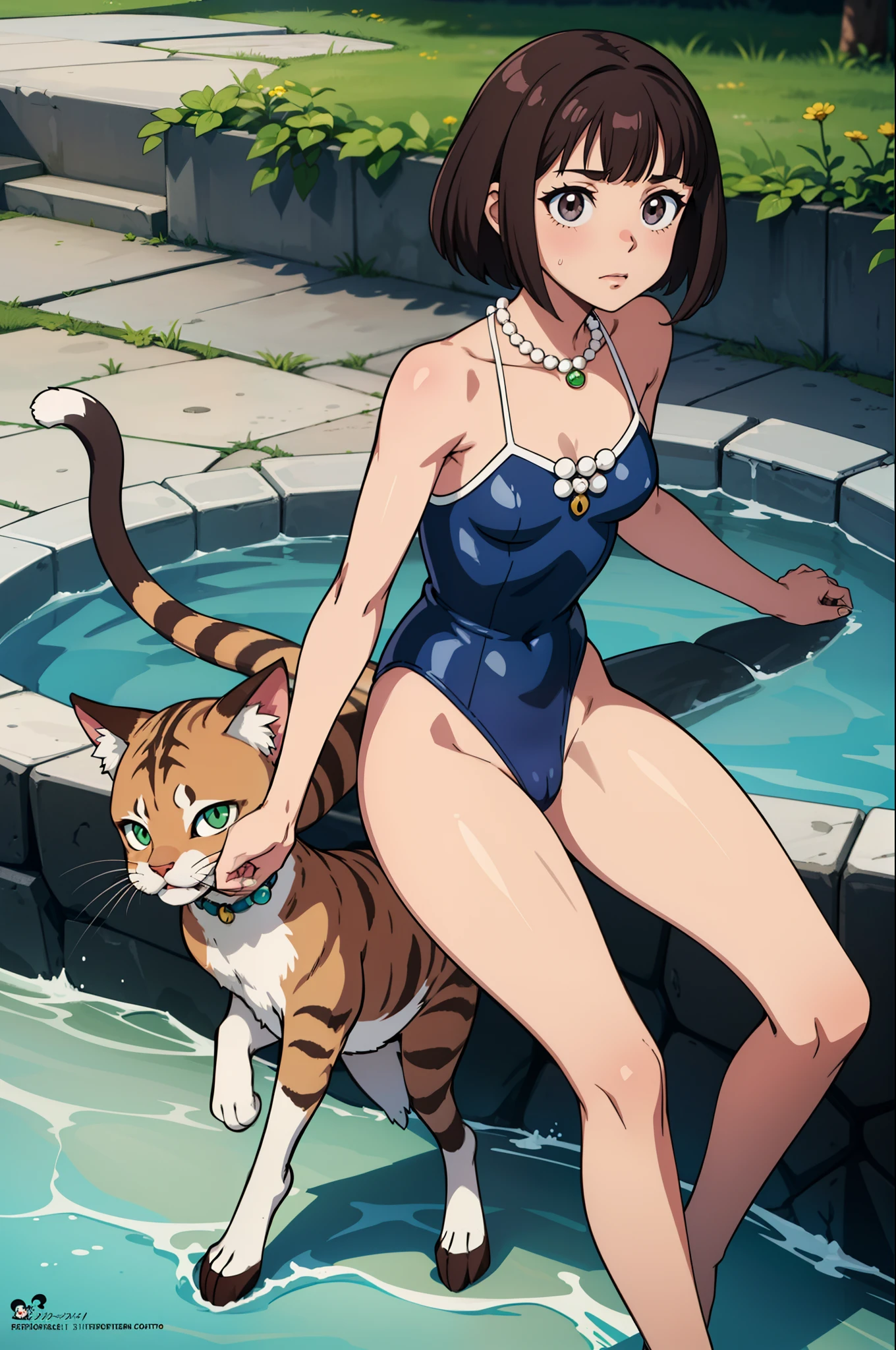 dentro, 1girl, seios, sorrir, short hair, boca aberta, franja, seios grandes, fundo simples, brown hair, 1st grade, orelhas de animais, clivagem, olhos castanhos, jewelries, tail, roupa de banho, hetero, Brincos, , foco solo, orelhas de gato, pele escura, franja contundente, colar, salto alto, rabo de gato, one-piece swimsuit, Sem censura, Presas, adesivos de blush, Erection, testicles, corte de bob, do gato, Quatro, Babando, peludo, Veias, furry female, venoso , pink footwear, interspecies, desencarnado , pearls necklace, temor, furry with non-furry, olhando para , green one-piece swimsuit