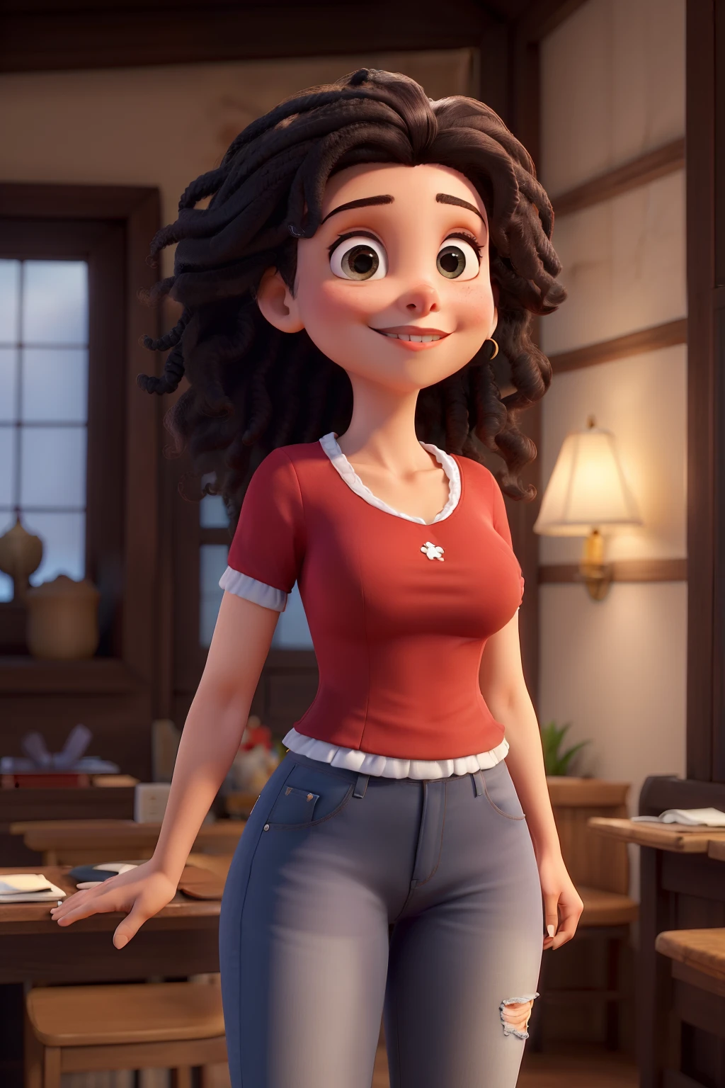 Obra-prima, de melhor qualidade, uma mulher de cabelo curto na cor preta vestindo uma blusa vermelha