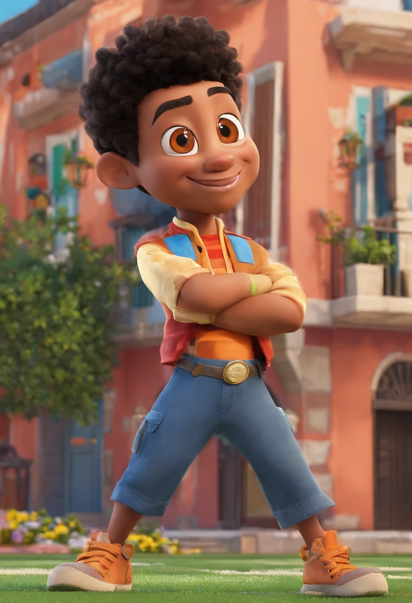 Um post de filme inspirado na Disney Pixar. A cena deve ser no estilo de arte digital distinto da Pixar, with a focus on character expressions, vibrating colors, and detailed textures that are characteristic of this animation.
Trata-se de um brasileiro de 41 anos. Camisa Preta, Rounded head, pele branca, pouco arafed e brasileiro, olhos pesados para o lado, Weave short hair to the left side and gray Surrounded by large buildings