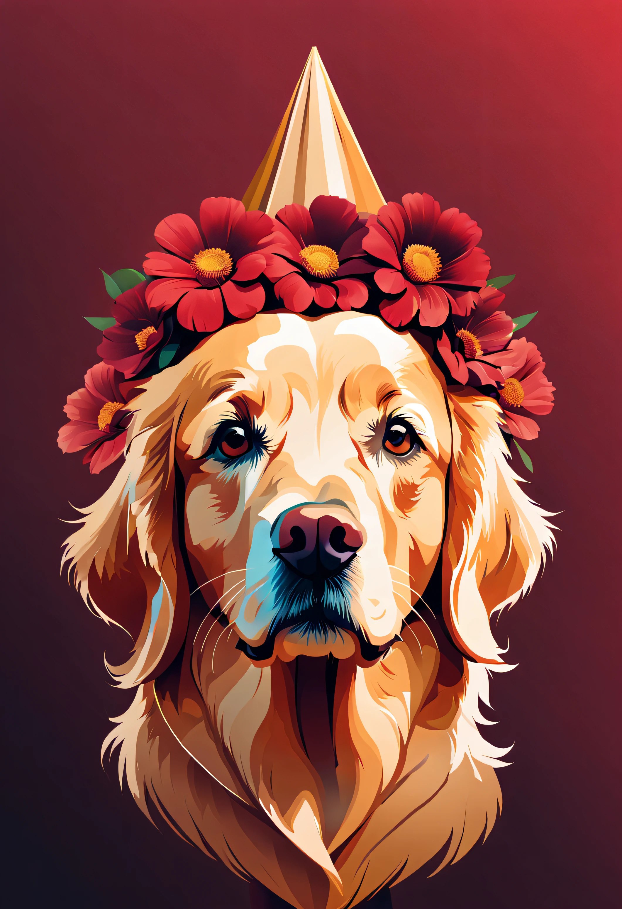 A minimalist portrait of a golden retriever with flowers on her head with conical lines on a dark red gradient background,Grumpy Fan Bingbing,simples,linhas finas,imagem vetorial,linhas abstratas,