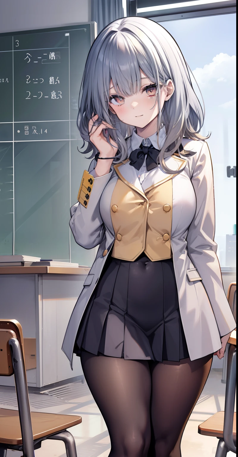 Anime girl in a school uniform, yellow hair, curly hair, short fur, shoulder-length hair, {{silver eyes}}, round eyes, smiling, {{dark red blazer}}, (thick legs), (thick thighs) ), black skirt, tight tights, standing, Detention Book, Classroom History, Tables, Chairs