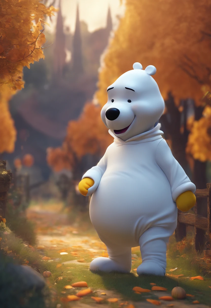 (Winne the pooh) dressed as a ghost, walking through a Halloween scene