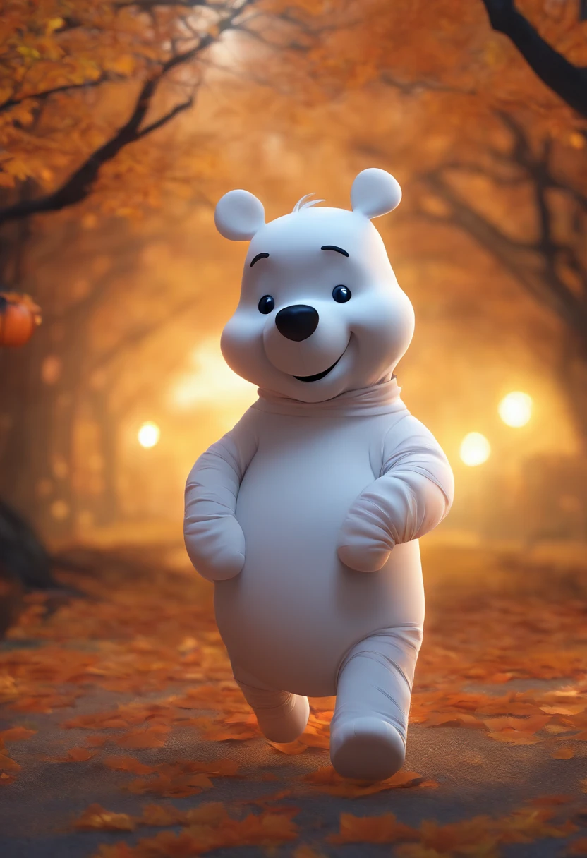 (Winne the pooh) dressed as a ghost, walking through a Halloween scene