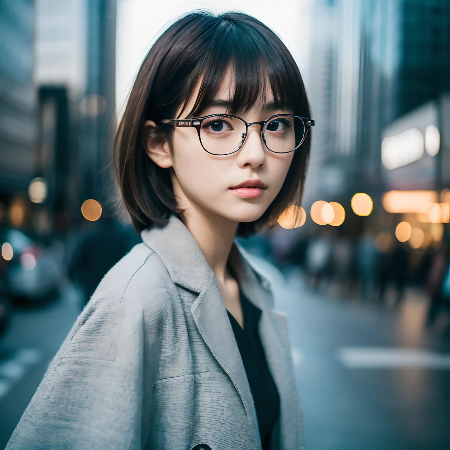 best quality,4k,8k,highres,masterpiece:1.2,ultra-detailed,(realistic,photorealistic,photo-realistic:1.37),Japanese girl with glasses,short hair,angled face,looking downwards,emphasis on detailed eyes and lips,modern fashion style,soft lighting,subtle color palette,blurred background,stylish poses,unique perspective,expressionless face,urban backdrop