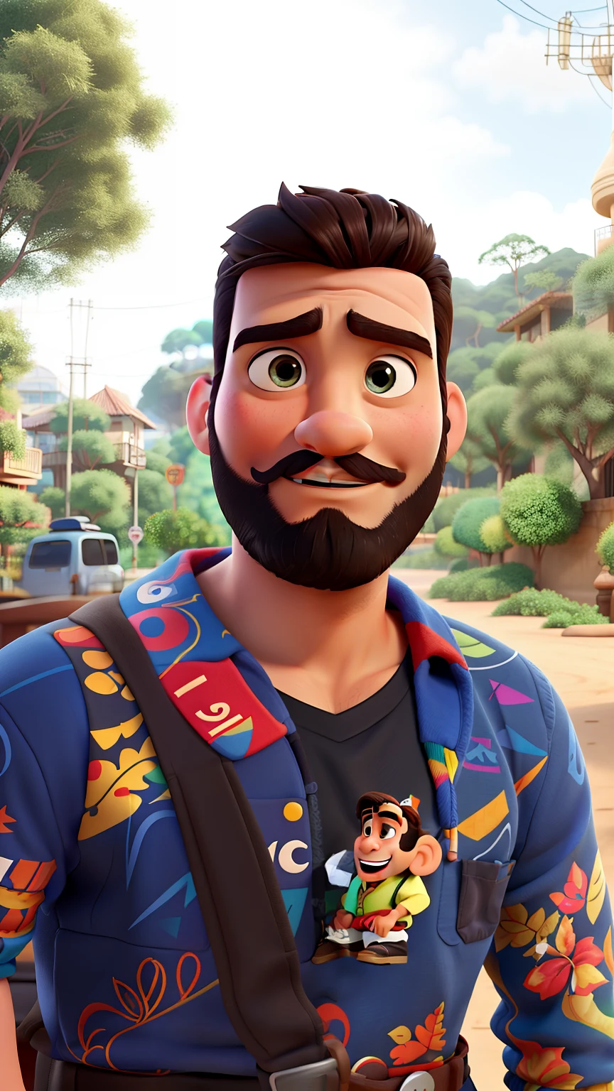 Poster no estilo Disney pixar, alta qualidade, melhor qualidade, homem , 30 anos cabelo pouco grisalho suado e barba preta, ao fundo uma mata
