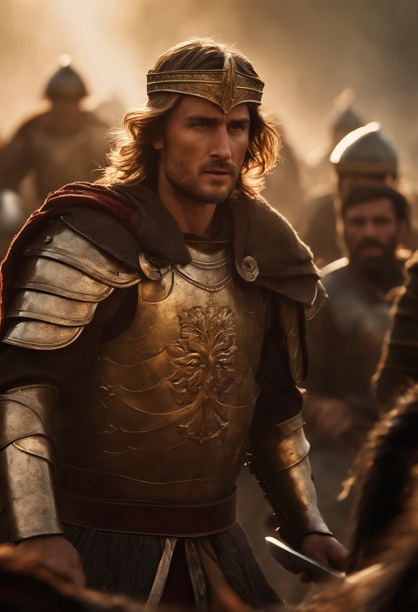 best quality,ultra-detailed,masterpiece:1.2,landscape,war,ancient times,Alexander the Great,battle scene,detailed armor and weapons,horses galloping,explosions and smoke,rays of sunlight,heroic poses,dramatic lighting,vibrant colors,emotional intensity,artistically inspired brushstrokes,grandeur and majesty,conquering armies invoking fear and awe,thrilling action,leaders strategizing,massive clashes of armies,historical accuracy,noble and fierce warriors,shimmering shields and spears,visible determination and courage,roaring war cries,chaotic battlefield,monumental victory