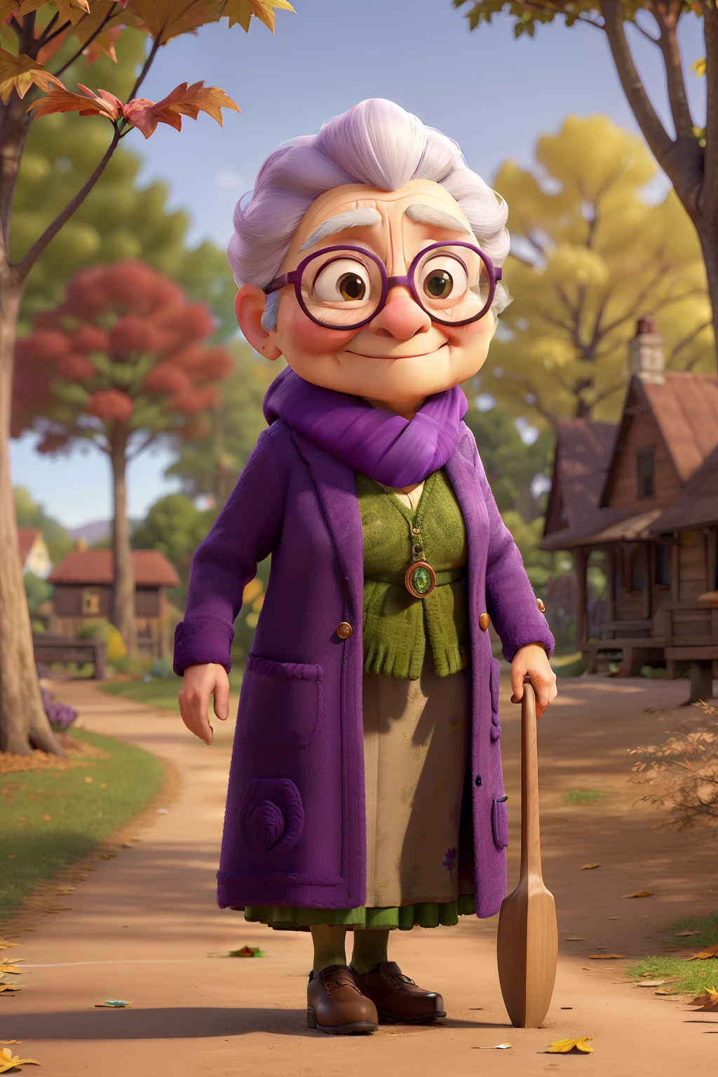 (best quality,ultra-detailed,realistic),an old woman in a purple coat and green scarf,standing in a park,beautiful detailed eyes,long eyelashe,detailed and kind facial expression,holding a walking cane,enjoying the peaceful surroundings,with colorful autumn leaves on the ground,soft sunlight shining through the trees,creating a warm and serene atmosphere,with vibrant colors and sharp focus,depicting the woman's wise and gentle demeanor,portrait style,impressively realistic,emphasizing every crease and wrinkle on her face,masterfully capturing the texture of her glasses and scarf,with fine details and exquisite craftsmanship.