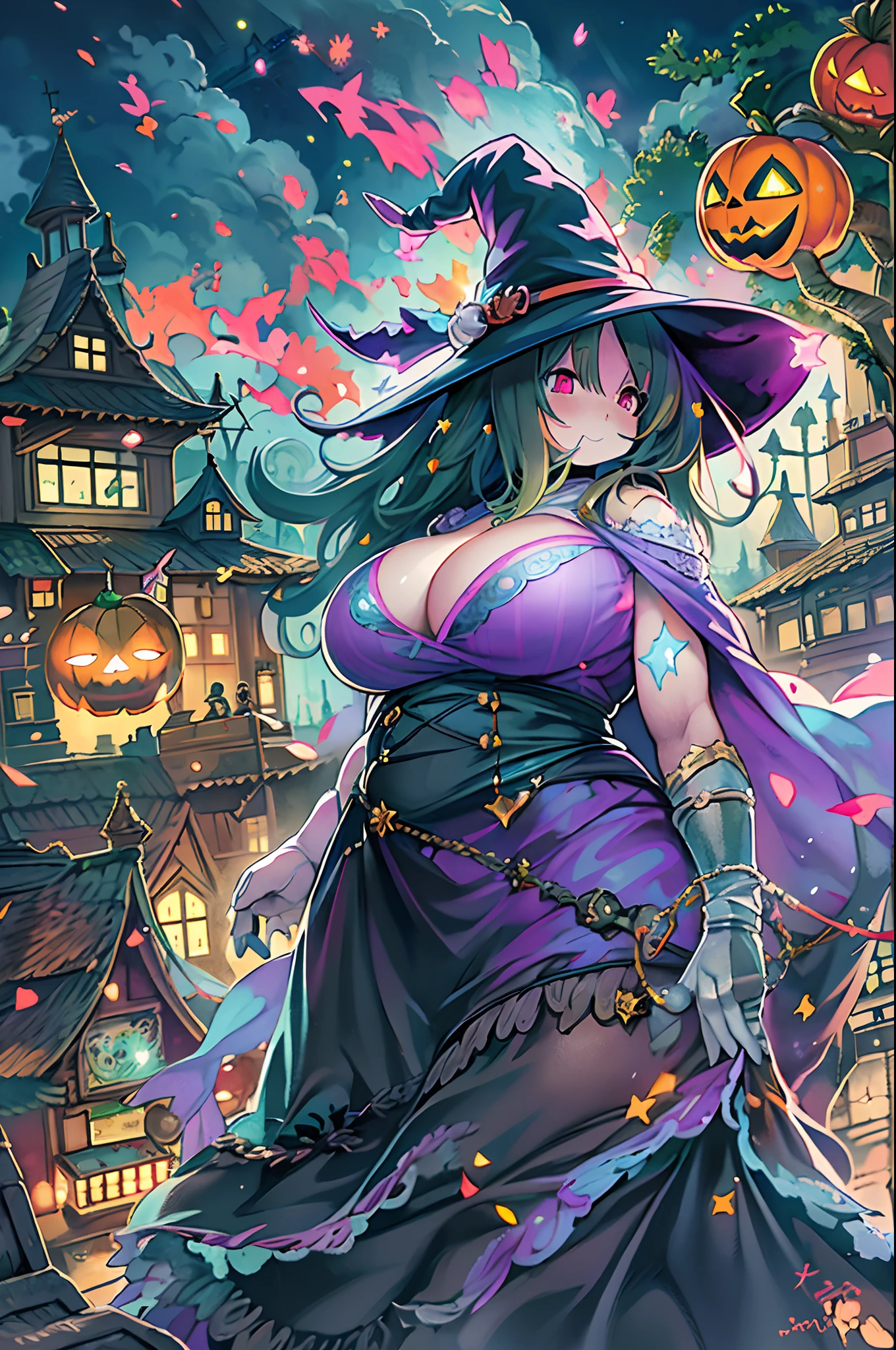 masutepiece,Charming Halloween Witches, Random coloring,2D, planar vector, T-shirt design, Colorful splashes, Fantasy Art, Watercolor effect,Digital Painting, white bg, 8K、night cityscape,bbw,Anime style、huge-breasted、BBW