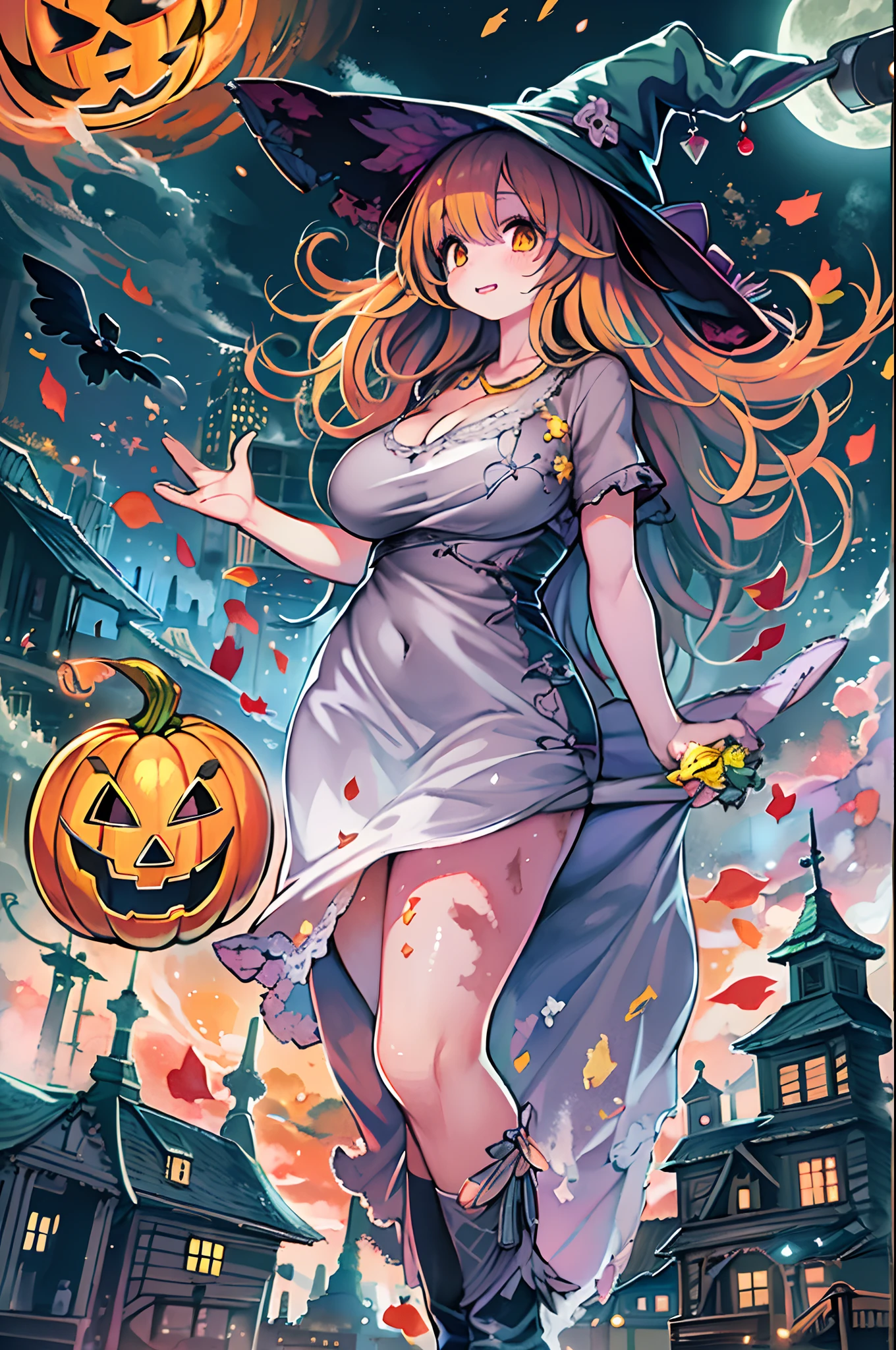 masutepiece,Charming Halloween Witches, Random coloring,2D, planar vector, T-shirt design, Colorful splashes, Fantasy Art, Watercolor effect,Digital Painting, white bg, 8K、night cityscape,bbw,Anime style、huge-breasted、BBW