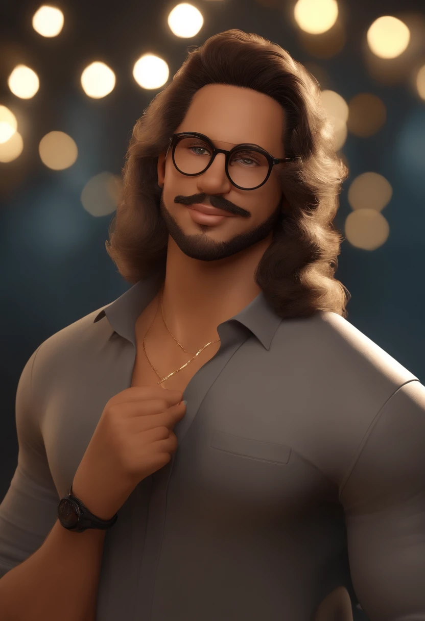 personagem dos desenhos animados de casal, A man with black glasses and a black shirt, com barba e gordo, mulher de cabelos longos e castanhos, com roupa amarela, golden retriever na foto. animation character, Caractere estilizado, animation style rendering, 3D estilizado, Arnold Maya render, 3 d render stylized, toon render keyshot, Personagem 3D, Personagem 3D, 3d rendering stylized, 3 d character render, personagem de desenho animado, Personagem de close up, Pose de personagem, (Estilo Pixar) (master part:1.2) (Bokeh) (best quality) (pele detalhada) (textura detalhada) (8k) (argila) (Cinematic lighting) (foco nítido