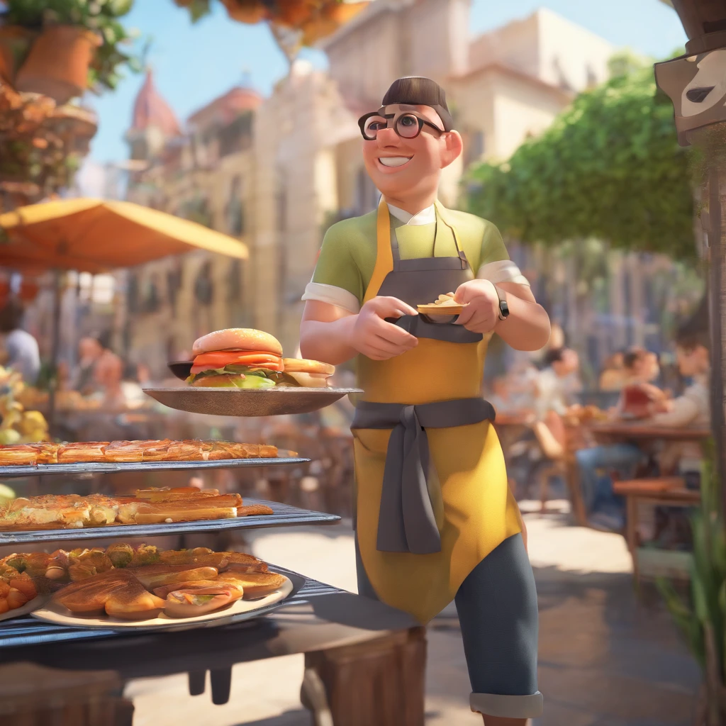 The setting is a street restaurant，There's a chef inside，The chef is bald，Fat Chubby，sorriso，Iron pan in hand