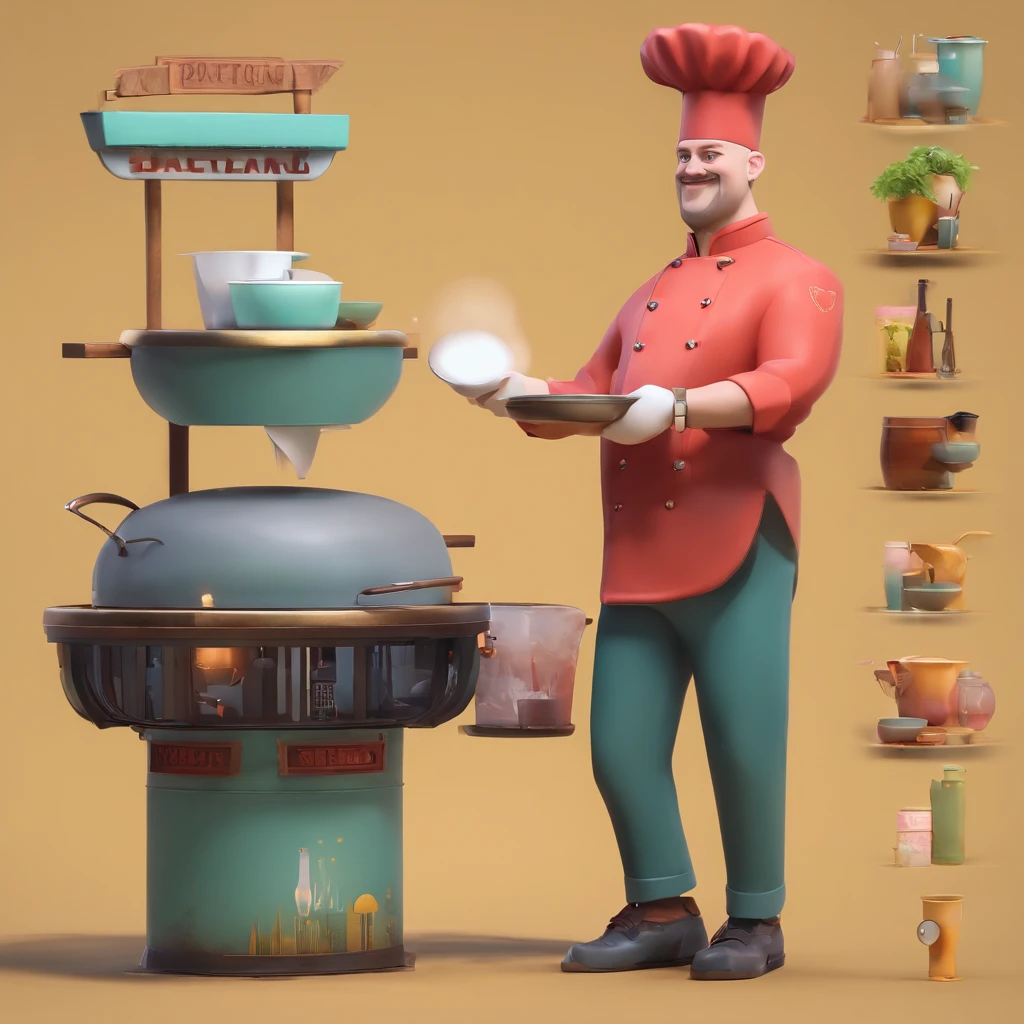 The setting is a street restaurant,There's a chef inside,The chef is bald,Fat Chubby,sorriso,Iron pan in hand