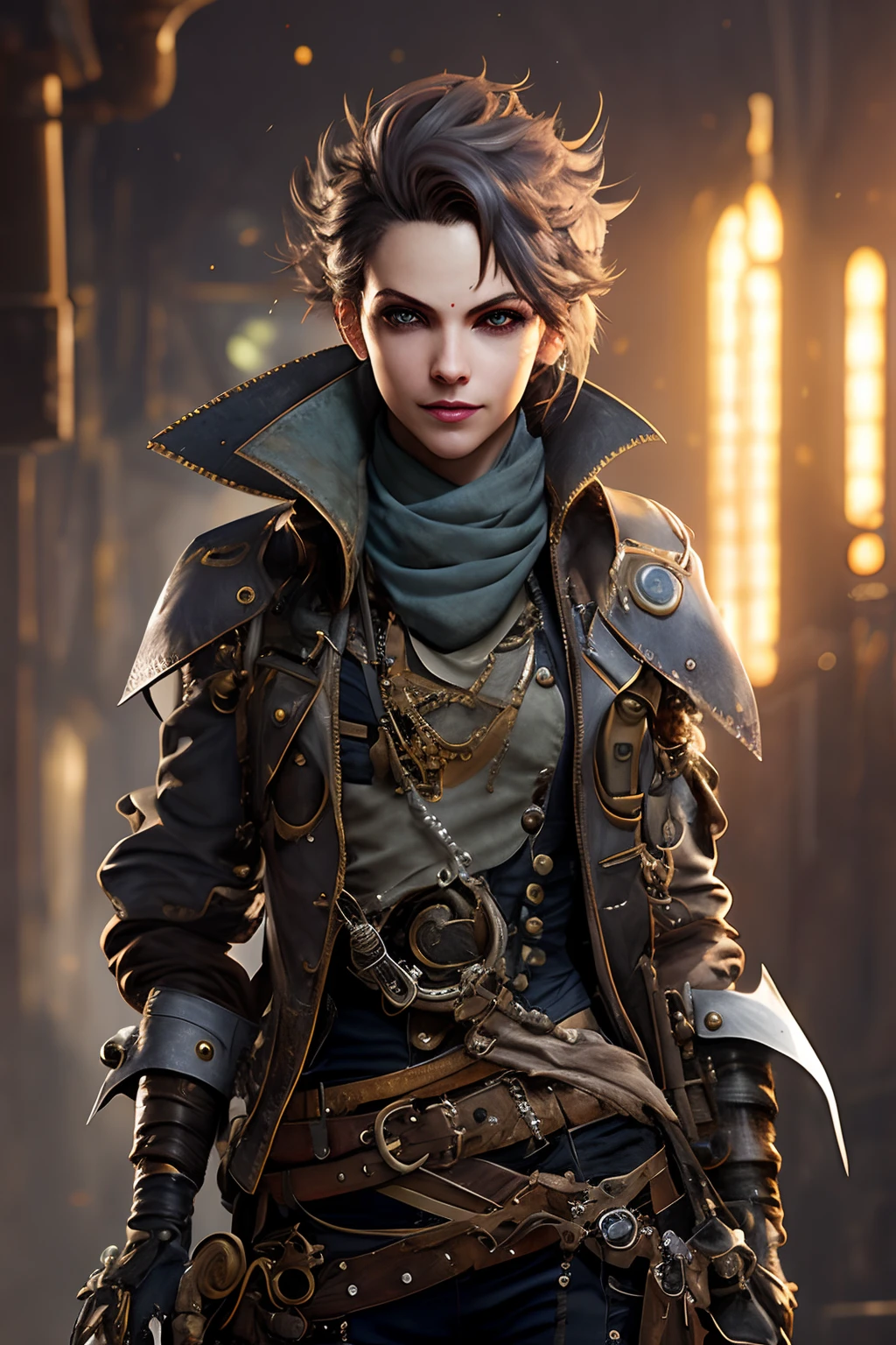 detailed dreadpunk rogue thief girl, petite slim body, leather armor, (smirk:1.1), (nose blush:1.1), (big grey eyes:1.1), (steampunk monocle:1.1), beautiful detailed face, messy hair, cinematic lighting, shot on canon 5d, Greg Rutkowski, Yoji Shinkawa:0.6,