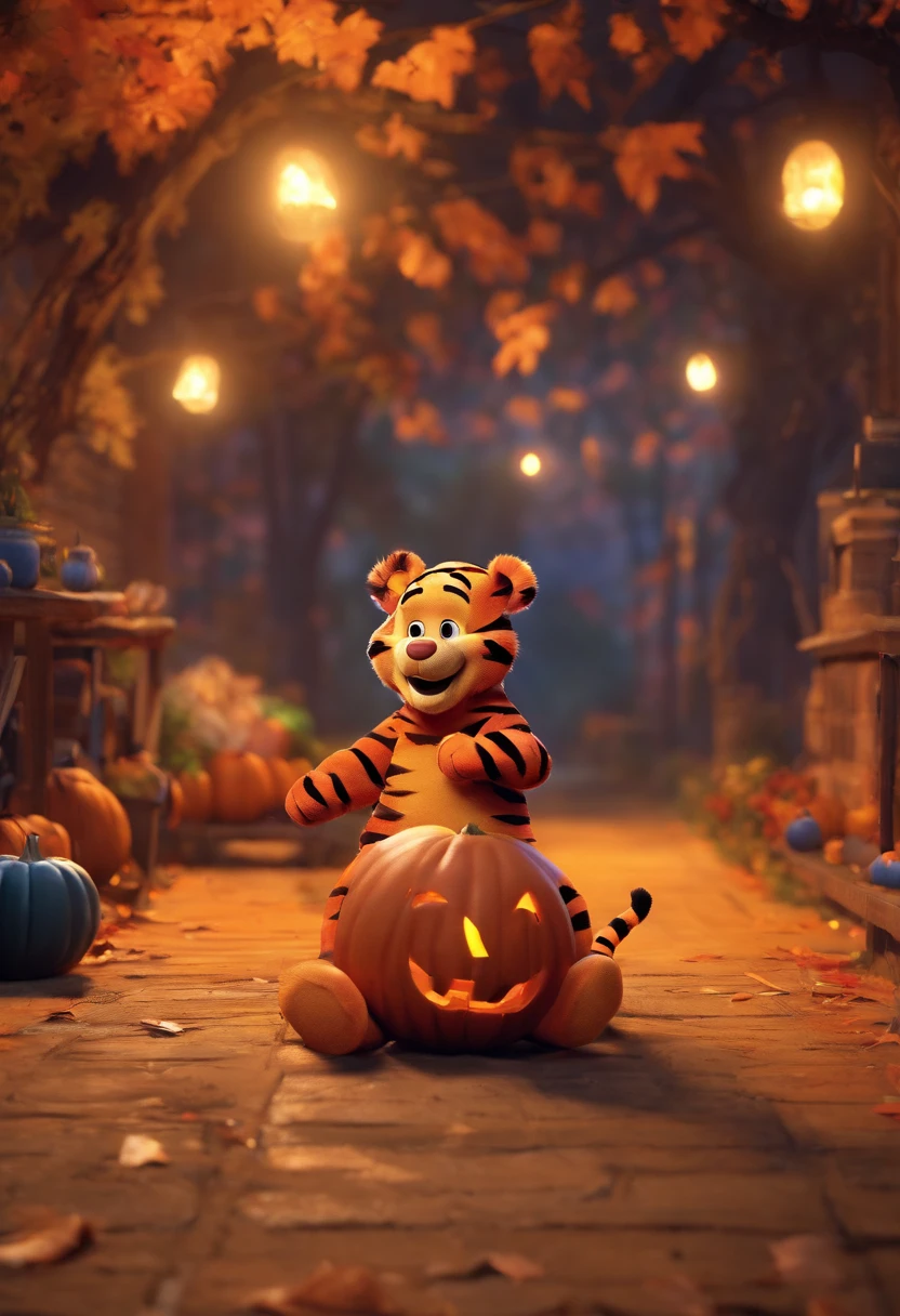 (Tigger) from the books Winnie The Pooh, dressed like a zombie, walking through a Halloween scene