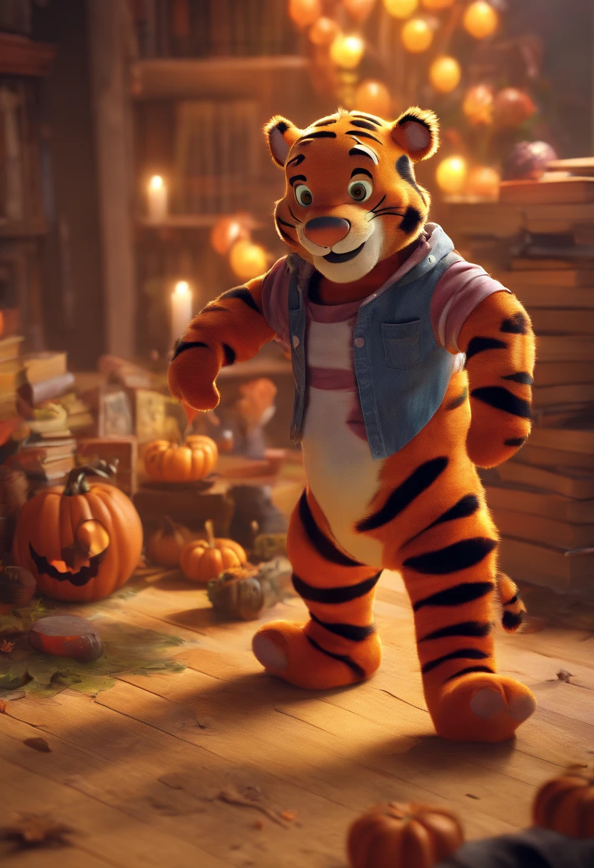 (Tigger) from the books Winnie The Pooh, dressed like a zombie, walking through a Halloween scene