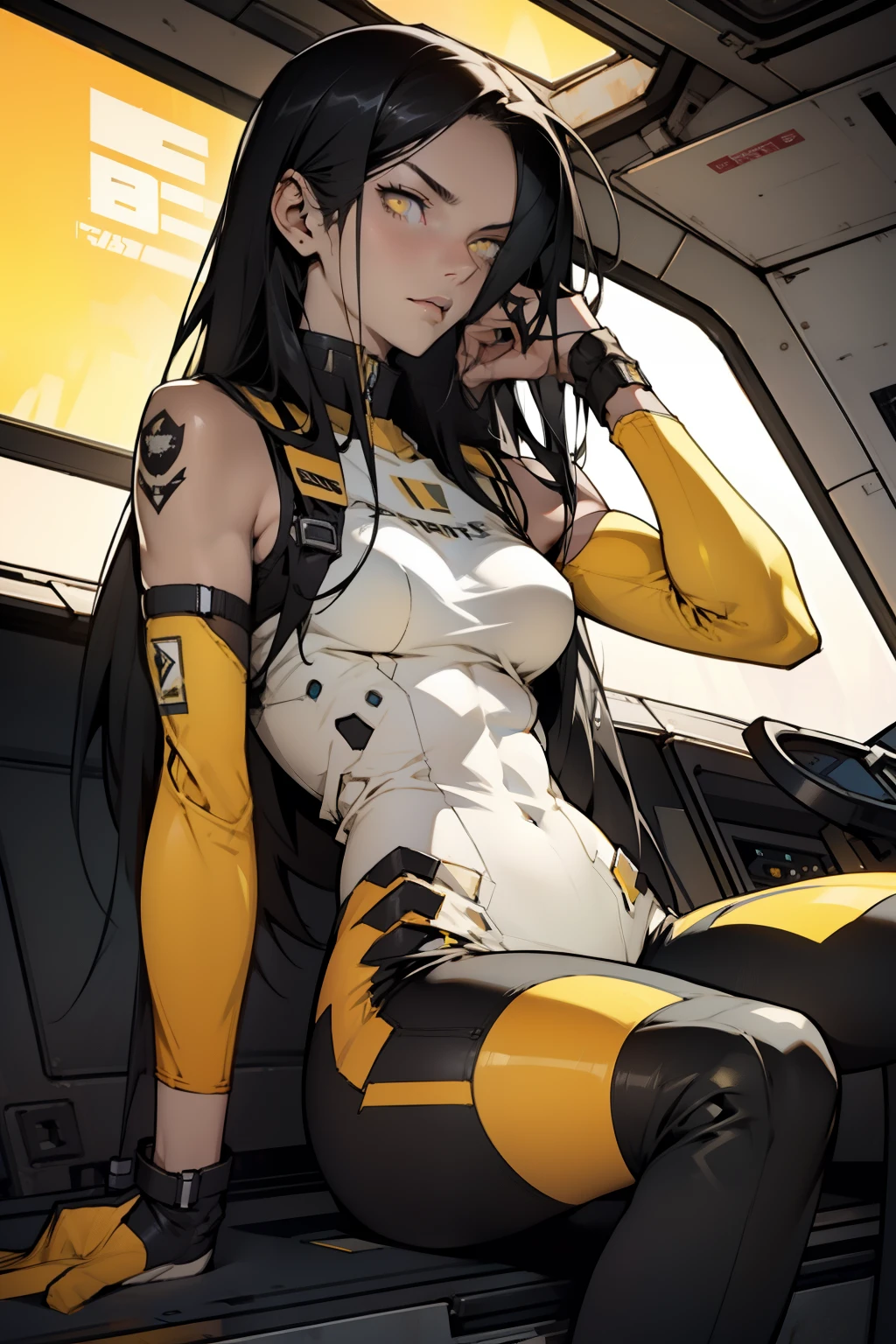 1 girl, black hair, yellow eyes, very long hair, pale skin, fit body, slender body, slim waist, large breasts, (confident expression), pilot suit, thigh gap, bare thighs, sleeveless, show bare legs, fit thighs, sitting in a cockpit