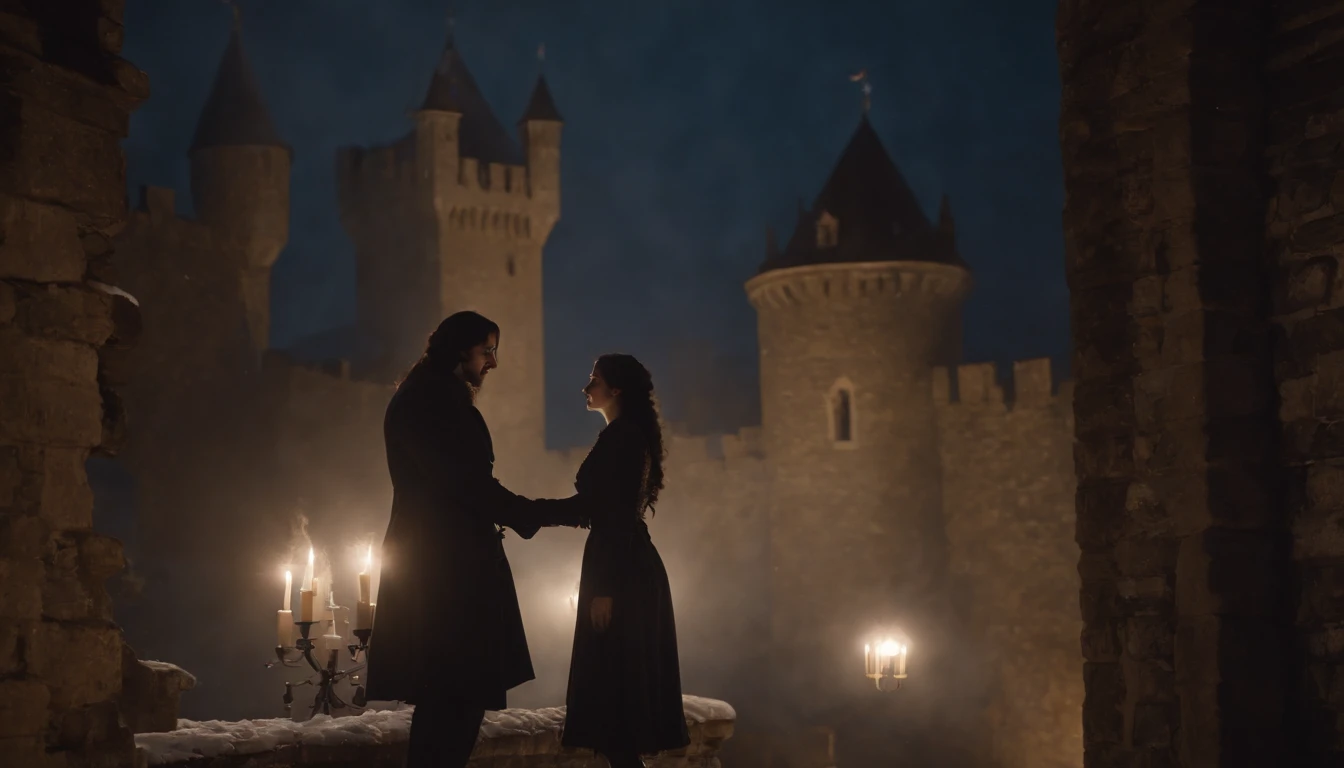 silhouette view, wide view, on a snowy castle balcony at midnight, in the shadows of a castle wall, two lovers embrace, a young gypsy man with black hair and a young noble woman with long black hair and ivory skin, hidden by the darkness of the castle, night, moon rising, snow falling, cinematic, 8k, cinematic scene from film, gothic, eerie, mysterious
