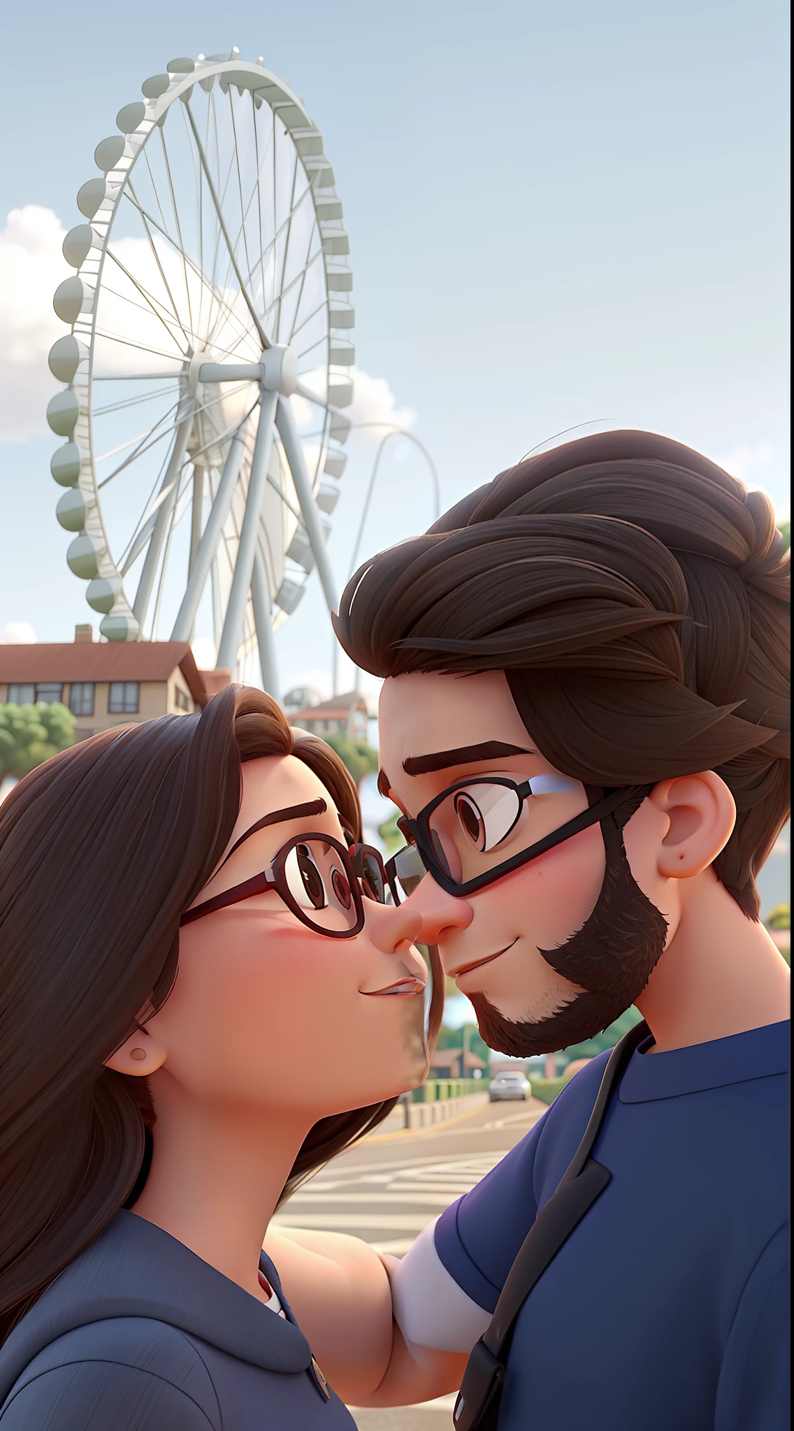 Uma imagem estilo pixar de um casal jovem dando um selinho em frente a uma roda gigante moderna. the girl is brunette, wears glasses and has long, straight hair. The boy is brunette, wears glasses and has a short beard. Alta qualidade, melhor qualidade.