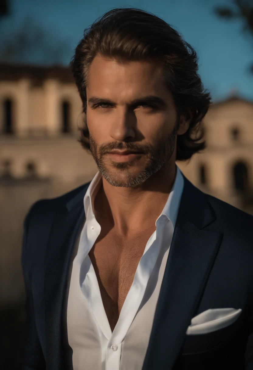 Corpo inteiro, foto grande angular retrato em close-up do corpo de um homem bonito , Alto e em forma, (40 anos:1.1), (Barbeado:1.2) , (cabelos castanhos muito curtos e um pouco cacheados:1.5),(cabelos muito curtos:1.6). (Terno apertado em veludo azul escuro:1.3). (posing outside the mansion with a luxury car:1.1),cold and dark sunset at dusk, (luz de borda:1.1),(Foco nos olhos), (Olhar orgulhoso), (luz dura na pele:1.2), (sombras duras, Tema escuro, Contraste profundo:1.1), (fotografia retrato por Annie Liebovitz), Dark mint theme and choral aesthetics, (skin imperfections)