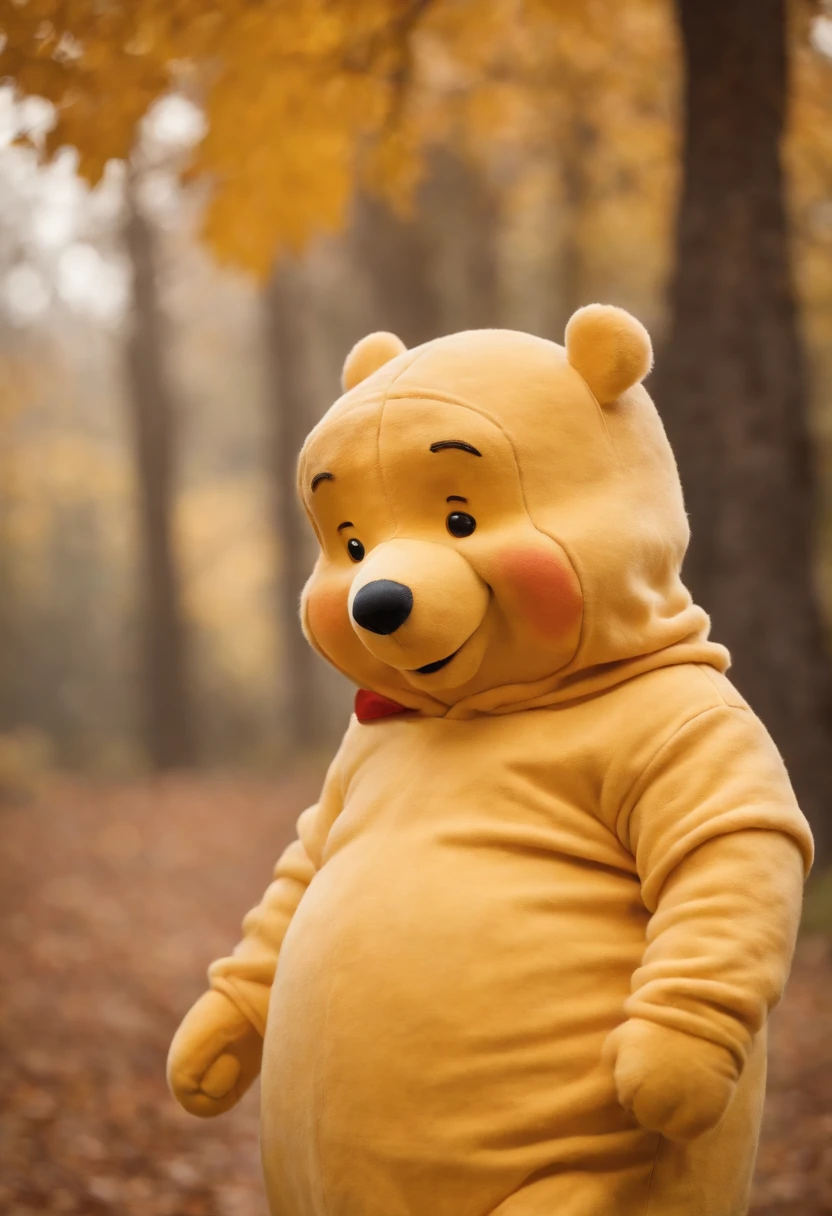 (Winne the pooh) dressed as a ghost, walking through a Halloween scene