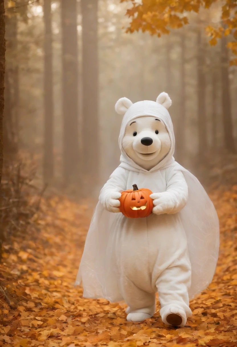 (Winne the pooh) dressed as a ghost, walking through a Halloween scene