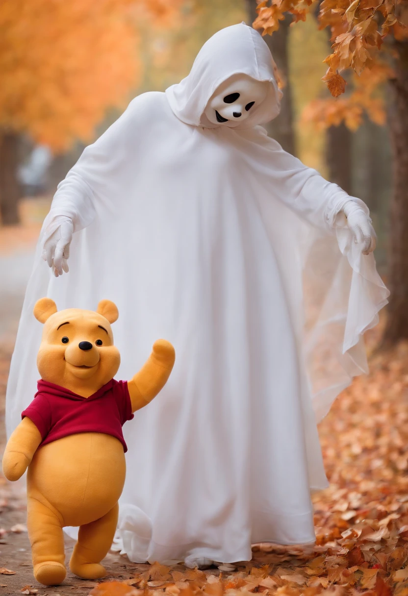 (Winne the pooh) dressed as a ghost, walking through a Halloween scene