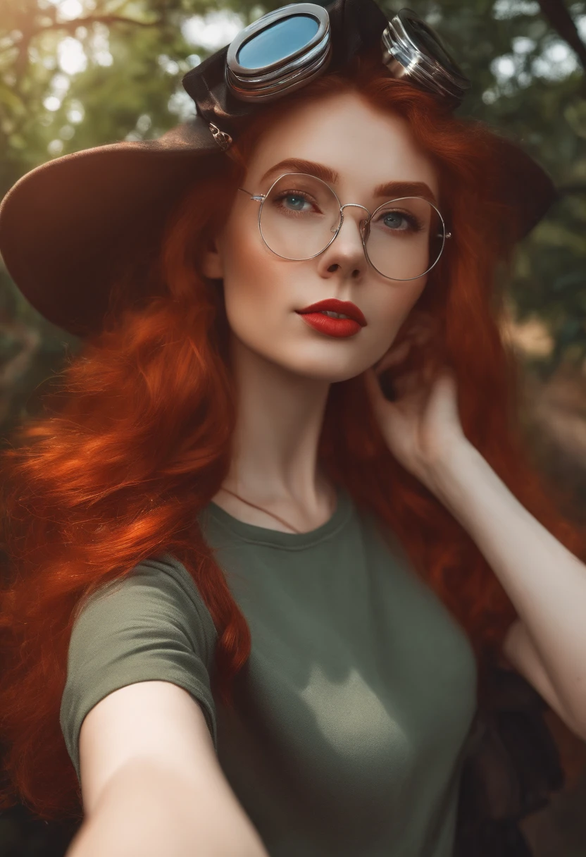 one girl with ginger hair, silver googles, with a red t shirt, tiny noose, taking a selfie pic, like a disney pixar poster