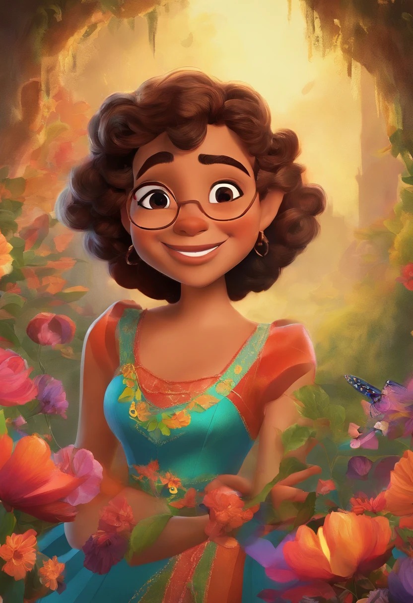 Create a Pixar-style poster titled 'The Tobias' She's a brunette, cabelos cacheados na altura dos ombros, sorridente, usando um vestido, And he's a media mulatto , wearing glasses and suit, smiling against a floral backdrop with vibrant Disney Pixar colors and textures with a couple. arte digital deve evocar o estilo da Pixar, Reminiscent of animated features. Focus on character expressions, cores vibrantes, e texturas altamente detalhadas