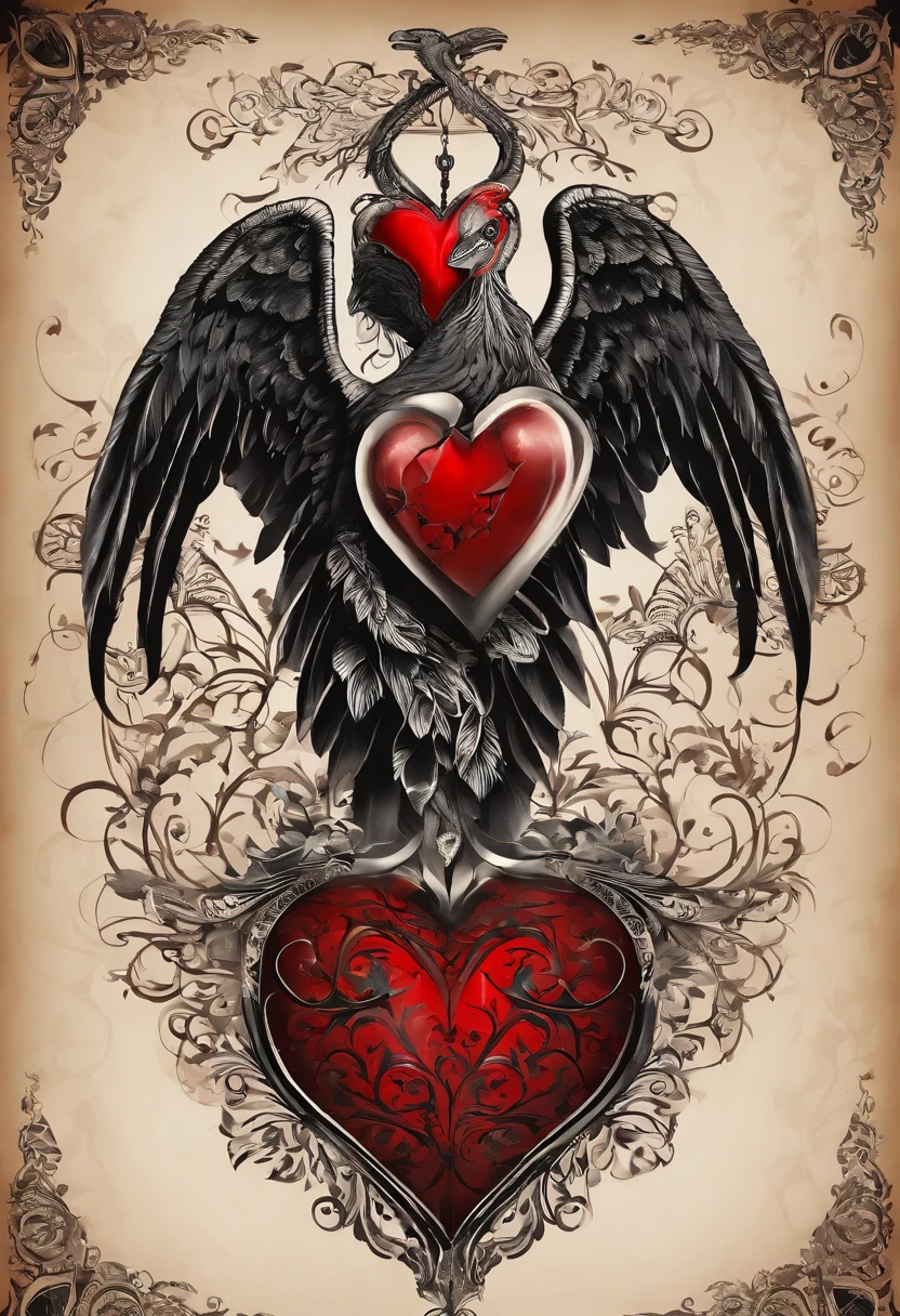 Black and red tattoo design with a winged heart and a punhl behind the broken heart vintage style in the 60's. Estilizada