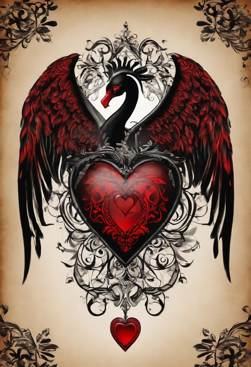 Black and red tattoo design with a winged heart and a punhl behind the broken heart vintage style in the 60's. Estilizada