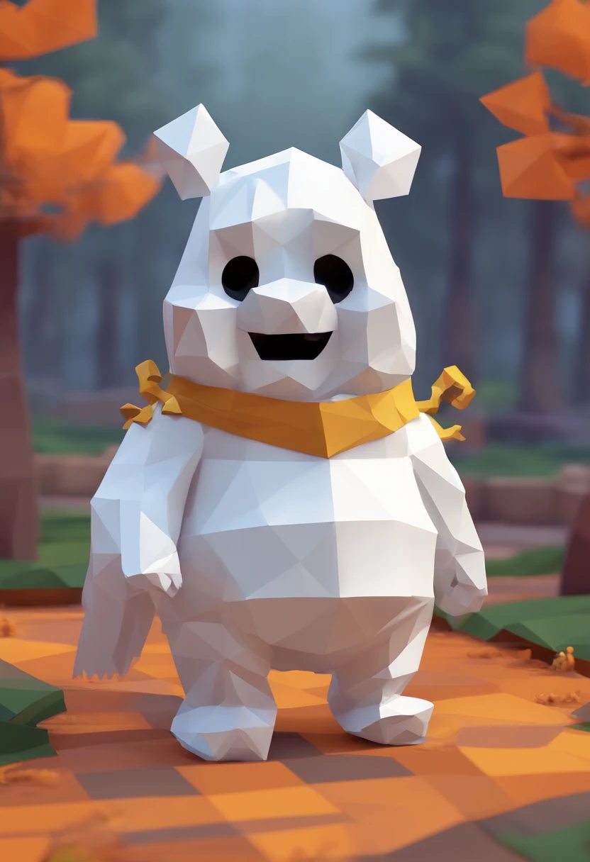 (Winne the pooh) dressed as a ghost, walking through a Halloween scene