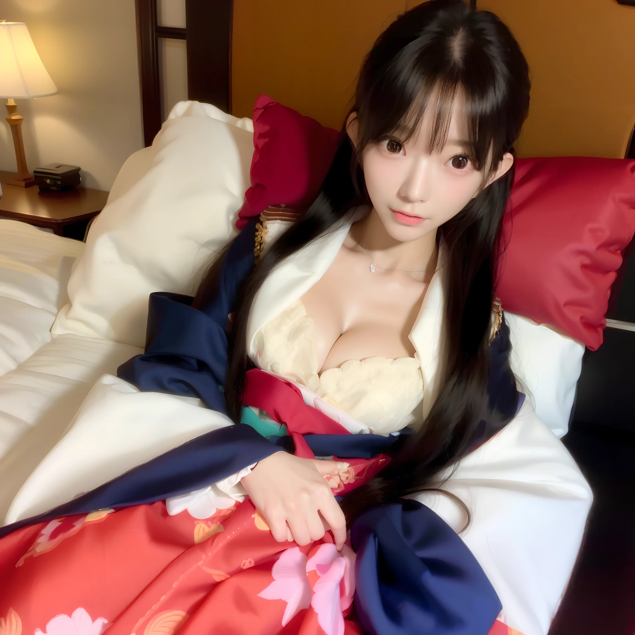(Best Quality, 8K, Ultra HD), overhead shot, K-pop idol, long hair, breast size is normal, kimono with cleavage visible, perfect slender figure, sexy, beautiful eyes, double eyelids, sleeping in bed, background is hotel room