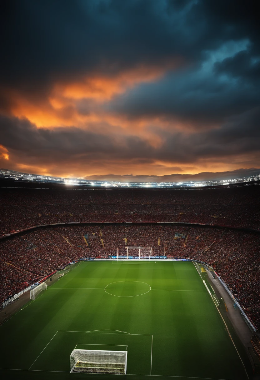 crie uma imagem no tamanho 1080 x 1080 px. In this image there will be a football stadium, Inside the football stadium will be on fire. The ground will open up. I want chaotic lighting in this image, With lightning and fires from the sky.