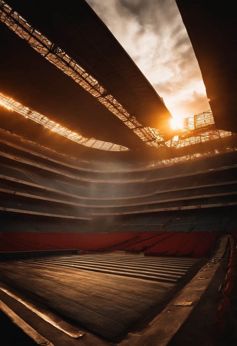crie uma imagem no tamanho 1080 x 1080 px. In this image there will be a football stadium, Inside the football stadium will be on fire. The ground will open up. I want chaotic lighting in this image, With lightning and fires from the sky.