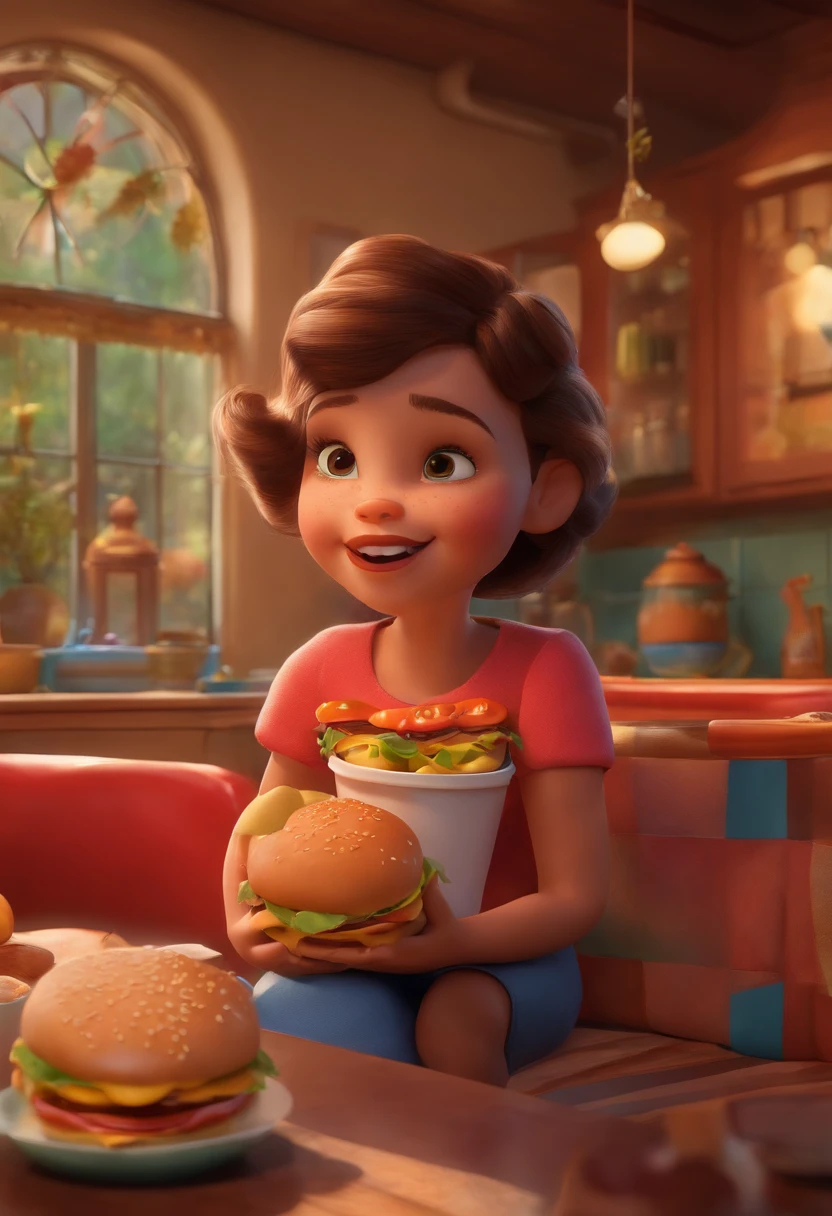 Make a Girl, She's hungry, como Disney Cartoon, She's eating hamburger, Pixar, ..3d, Disney