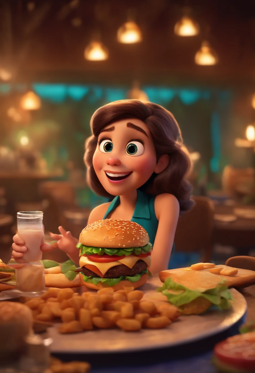 Make a Girl, She's hungry, como Disney Cartoon, She's eating hamburger, Pixar, ..3d, Disney