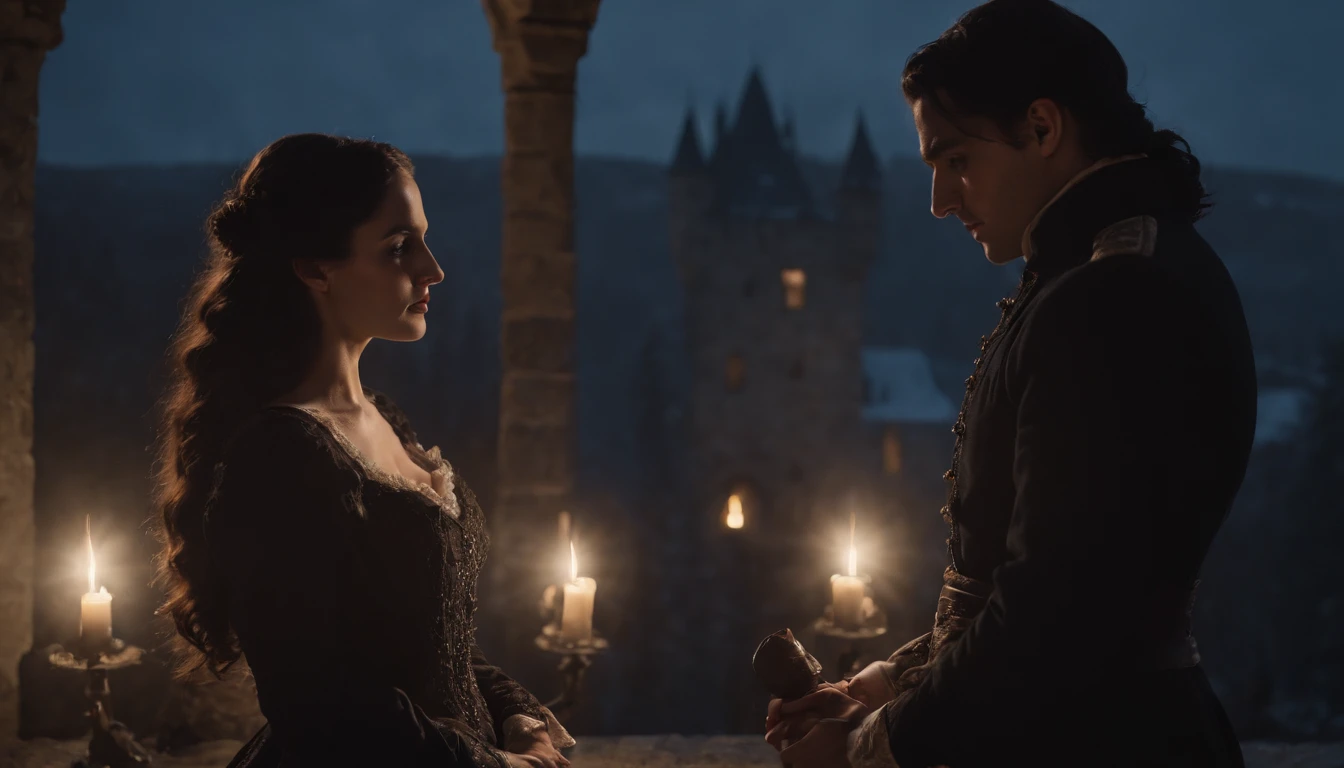 silhouette view, wide view, on a snowy castle balcony at midnight, in the shadows of a castle wall, two lovers embrace, a young gypsy man with black hair and a young noble woman with long black hair and ivory skin, hidden by the darkness of the castle, night, moon rising, snow falling, cinematic, 8k, cinematic scene from film, gothic, eerie, mysterious