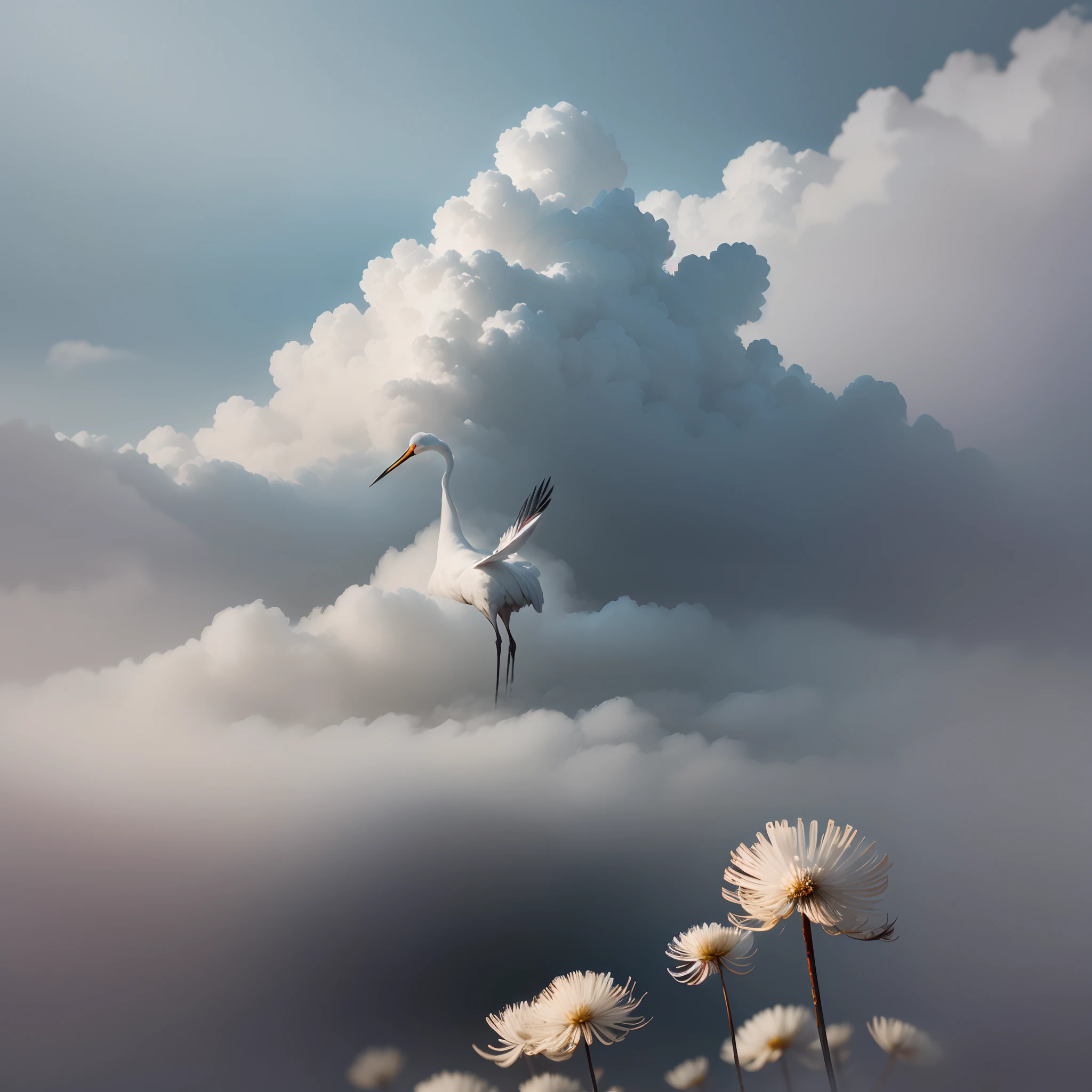 Fog was thick，Water meets sky，Hoho soup soup。A lonely white crane soars up to the clouds。Large white reed flowers swaying in the wind。The color is white and light，Large areas of white space，The composition is concise and full of artistic conception。The atmosphere of solitude and loneliness。Volumetric fog and particle fog effects flow through the frame，A metaphor for noble and unyielding character。 --auto --s2