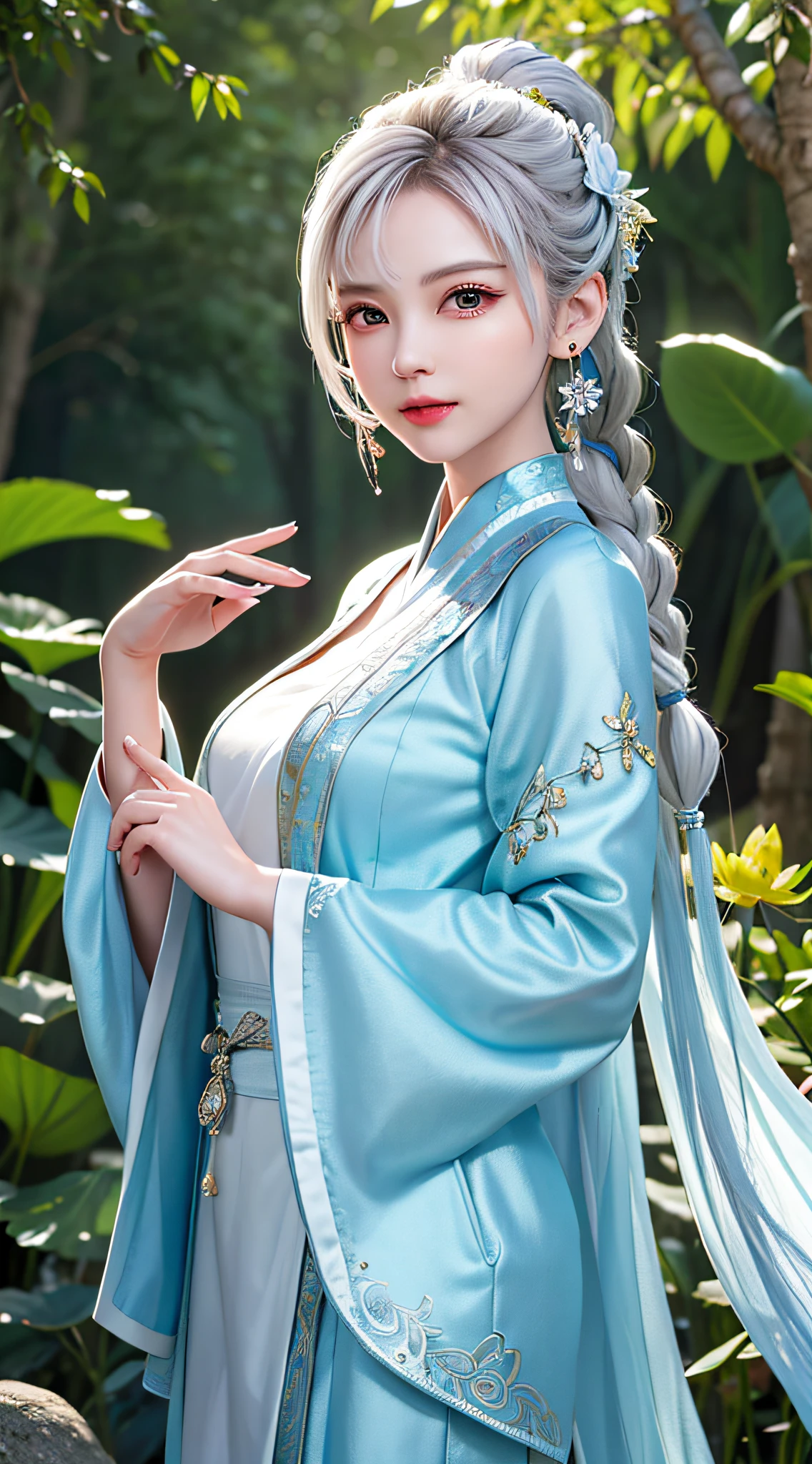 (best quality, masterpiece:1.2), ultra high res, realistic, front lighting, intricate detail, Exquisite details and textures, 1girl, solo ,(young), face highlight, upper body, detailed face, tear mole, shiny skin, silver hair, ponytail, braid hair, looking at viewer, big eyes, silk robe, (hollow pattern, white, silk), earrings, small breasts, slim body, architecture, east asian, riverside, a lotus leaf, a lotus flower, forest, professional lighting, photon mapping, radiosity, physically-based rendering,