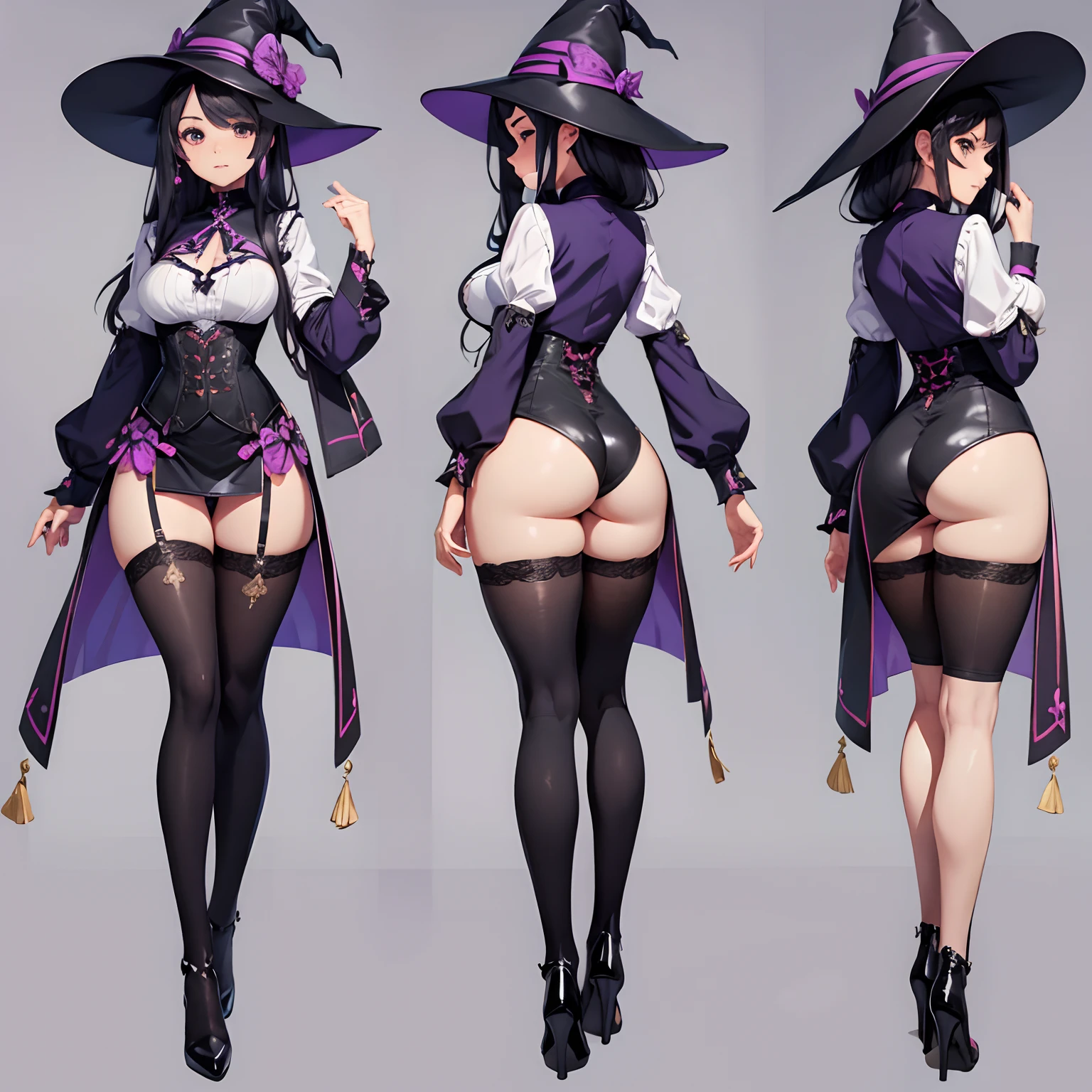 ((masterpiece)),(((best quality))),(character design sheet, same character, same outfit, front view, side view, back view), illustration, 1 girl, alone, beautiful girl, genshin impact style, full-body, witch, purple witch costume, scholar mini skirt, scholar shirt, big witch hat, golden eyes, long black hair, medium breasts, corset, open legs, thick thighs, black tight thigh stockings, big butt.