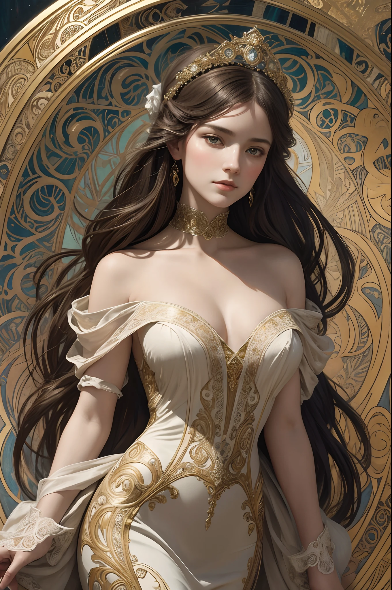 high quality, 8K Ultra HD, super realistic, Envision a hyper-realistic composition that seamlessly integrates the exquisite detail of John Singer Sargent with the dreamlike elegance of Alphonse Mucha, creating a portrait where realism and Art Nouveau mystique converge, A striking woman is depicted against a backdrop of swirling patterns inspired by Mucha's iconic ornamental designs, Sargent's meticulous precision captures every nuance of her expression and features, while Mucha's influence manifests in the sinuous lines that surround her, creating an ethereal aura, The woman is adorned in flowing garments that echo Mucha's romantic style, with intricate patterns intertwining seamlessly with the hyper-realistic details of her attire, by yukisakura, highly detailed,