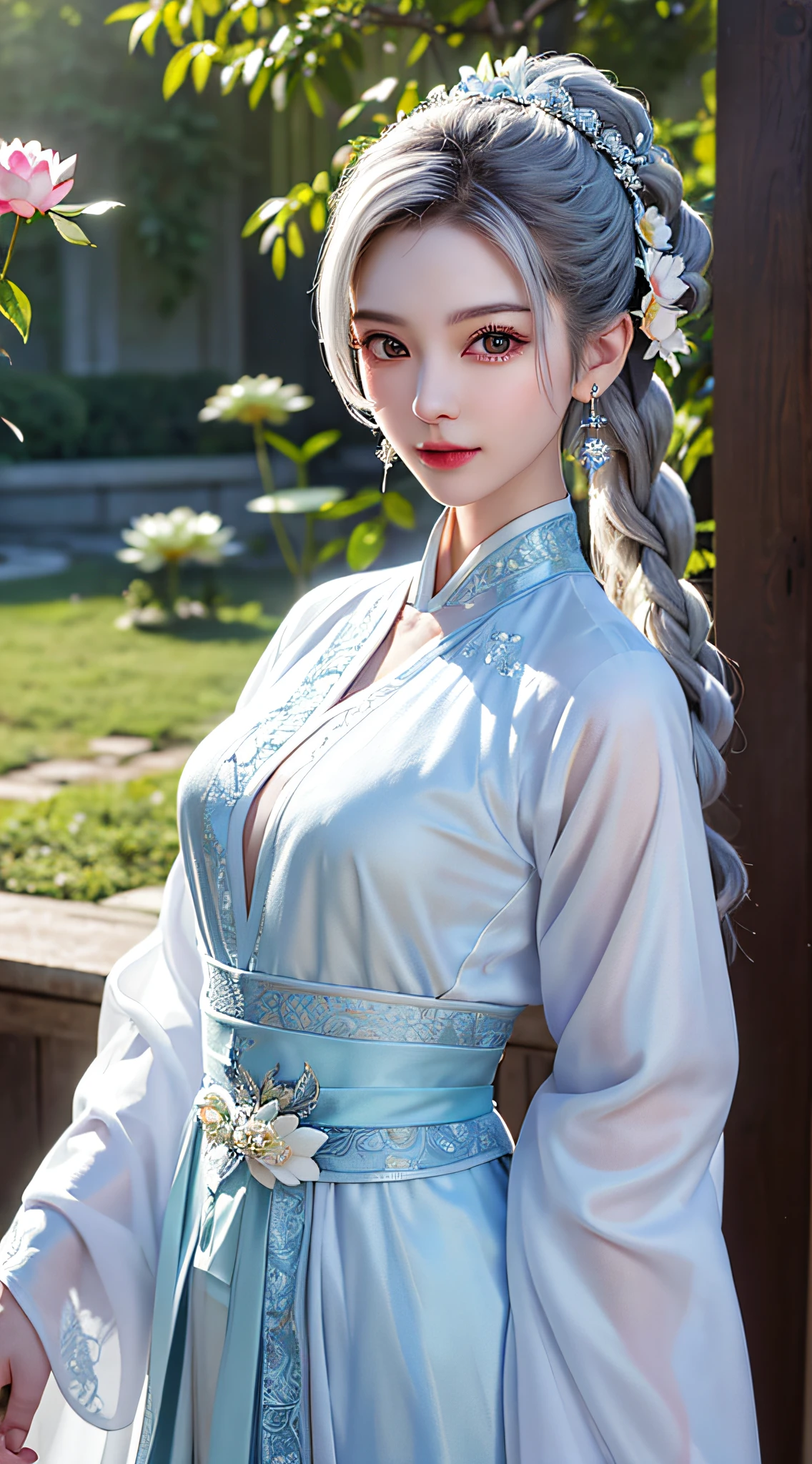 (best quality, masterpiece:1.2), ultra high res, realistic, front lighting, intricate detail, Exquisite details and textures, 1girl, solo ,(young), face highlight, upper body, detailed face, tear mole, shiny skin, silver hair, ponytail, braid hair, looking at viewer, big eyes, silk robe, (hollow pattern, white, silk), earrings, small breasts, slim body, architecture, east asian, riverside, a lotus leaf, a lotus flower, forest, professional lighting, photon mapping, radiosity, physically-based rendering,