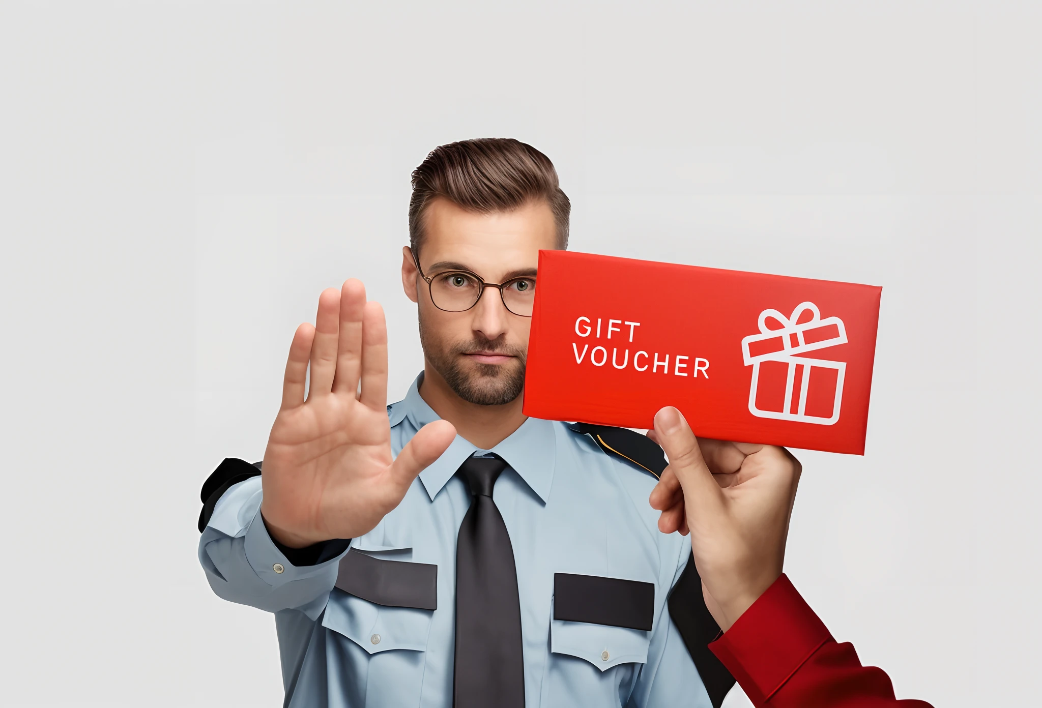 there is a man holding a gift voucherr in his hand, very professional, holiday season, giving gifts to people, promo image, shutterstock, professional, closeup photograph, wearing a police uniform, b, ad image, police officer, holiday, gifts, security agent, promotional, competition winning, officer, holding gift, professional shot, hr, edited, MASTERPIECE, FOCUS