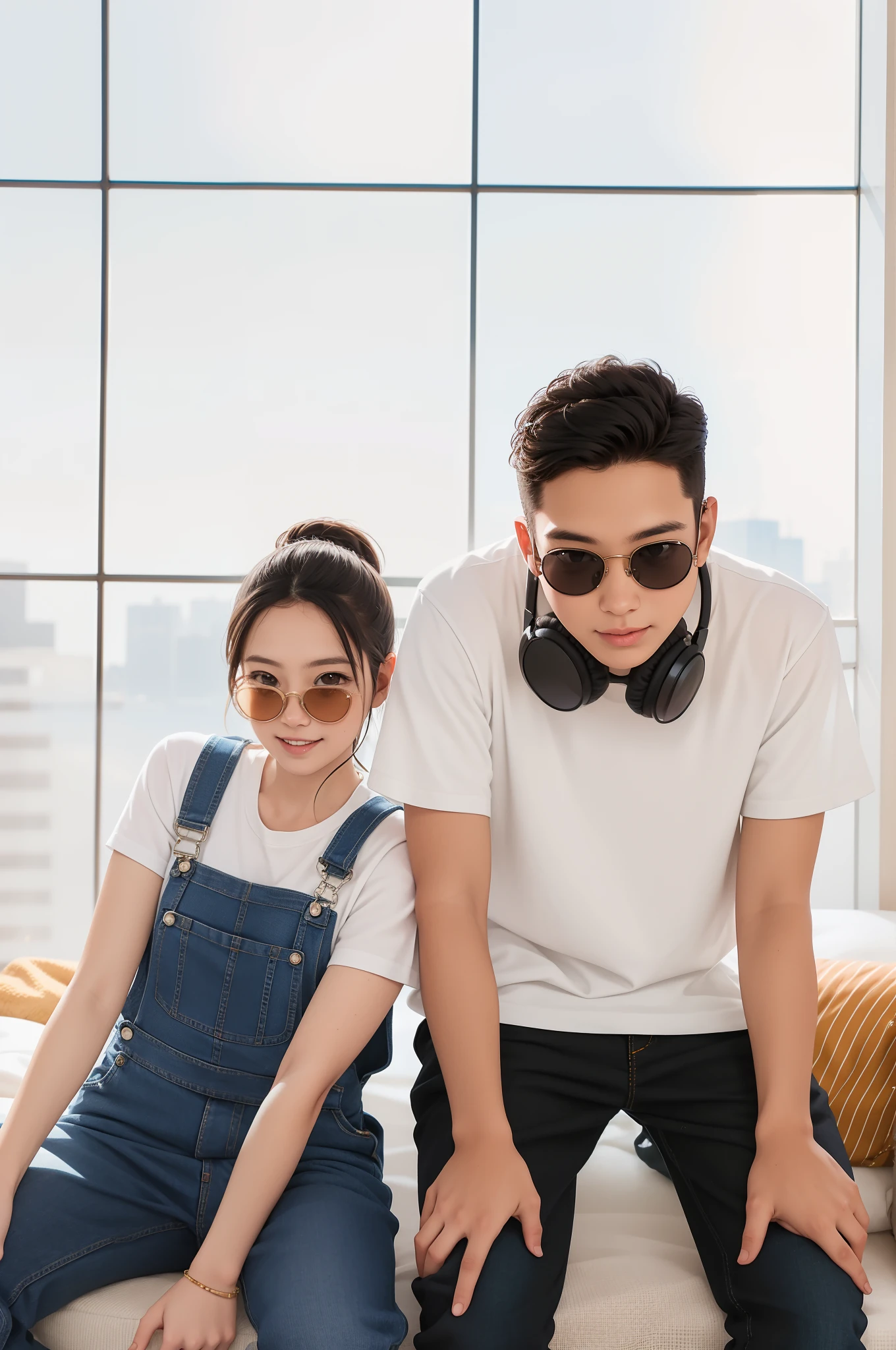 There are two people sitting on the bed with headphones on, with sunglass, portrait of two people, Wearing overalls, with backdrop of natural light, couple portrait, Wear Lei-Ban Glass, casual modern clothing, wearing cool sunglasses, wearing big black circle glasses, wearing blue jean overalls, couple portrait, a couple, With headphones, Couple Pose, masutepiece, Detailed, High quality, Warm_Colors, Grainy