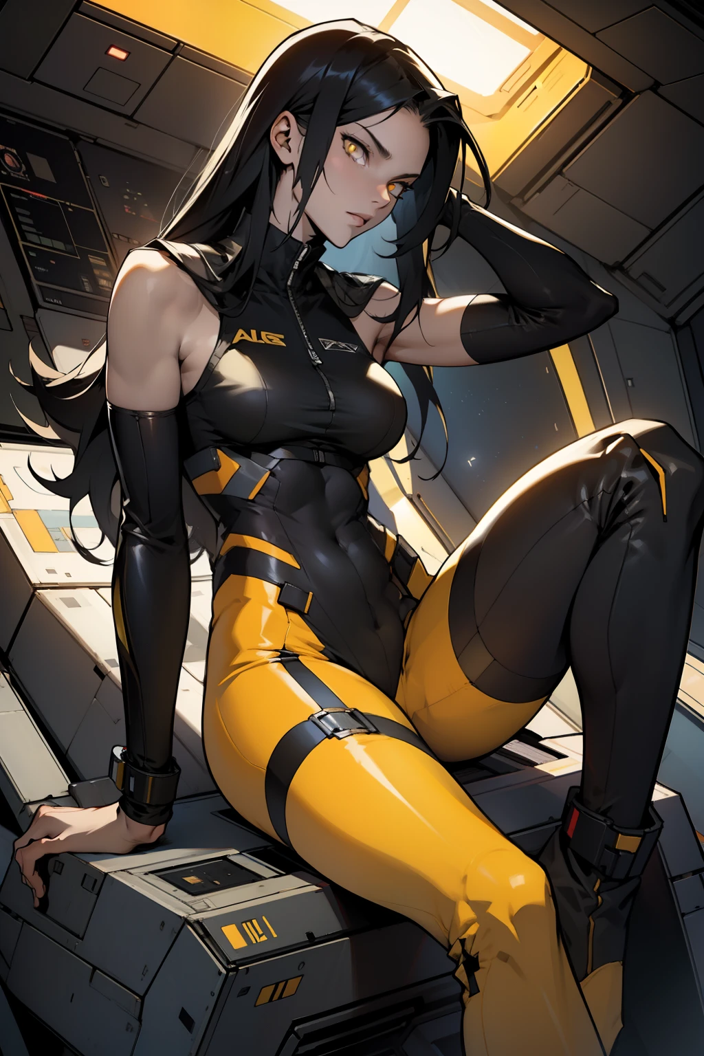 1 girl, black hair, yellow eyes, very long hair, pale skin, fit body, slender body, slim waist, large breasts, (confident expression), pilot suit, thigh gap, bare thighs, sleeveless, show bare legs, fit thighs, sitting in a cockpit of a spacecraft, view from the floor