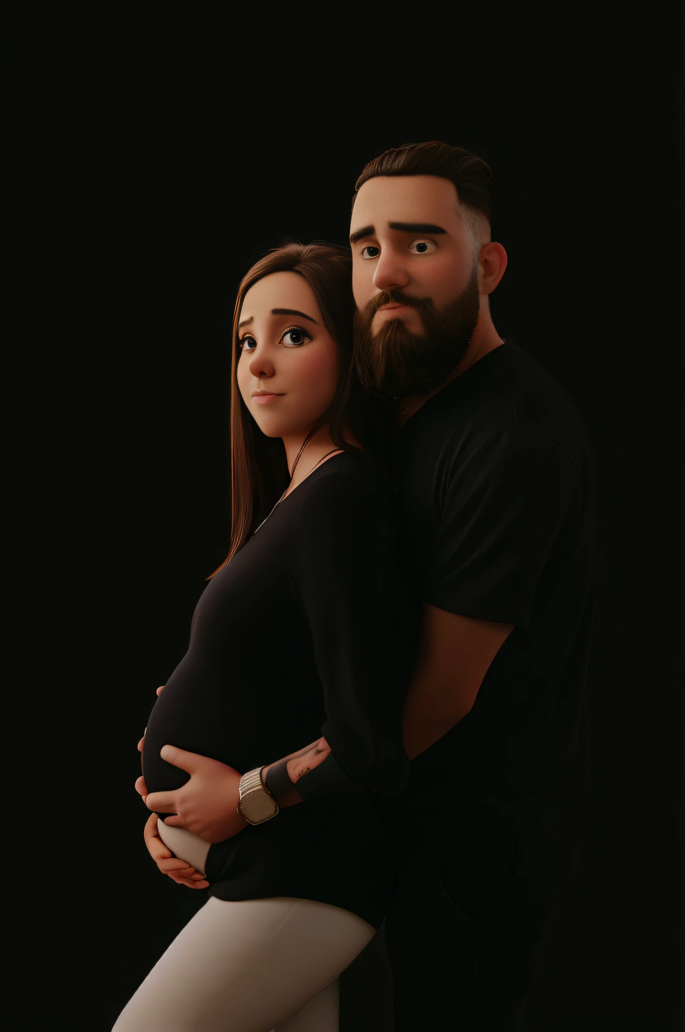 Bearded man hugging behind a pregnant woman, estilo disney pixar, alta qualidade, melhor qualidade