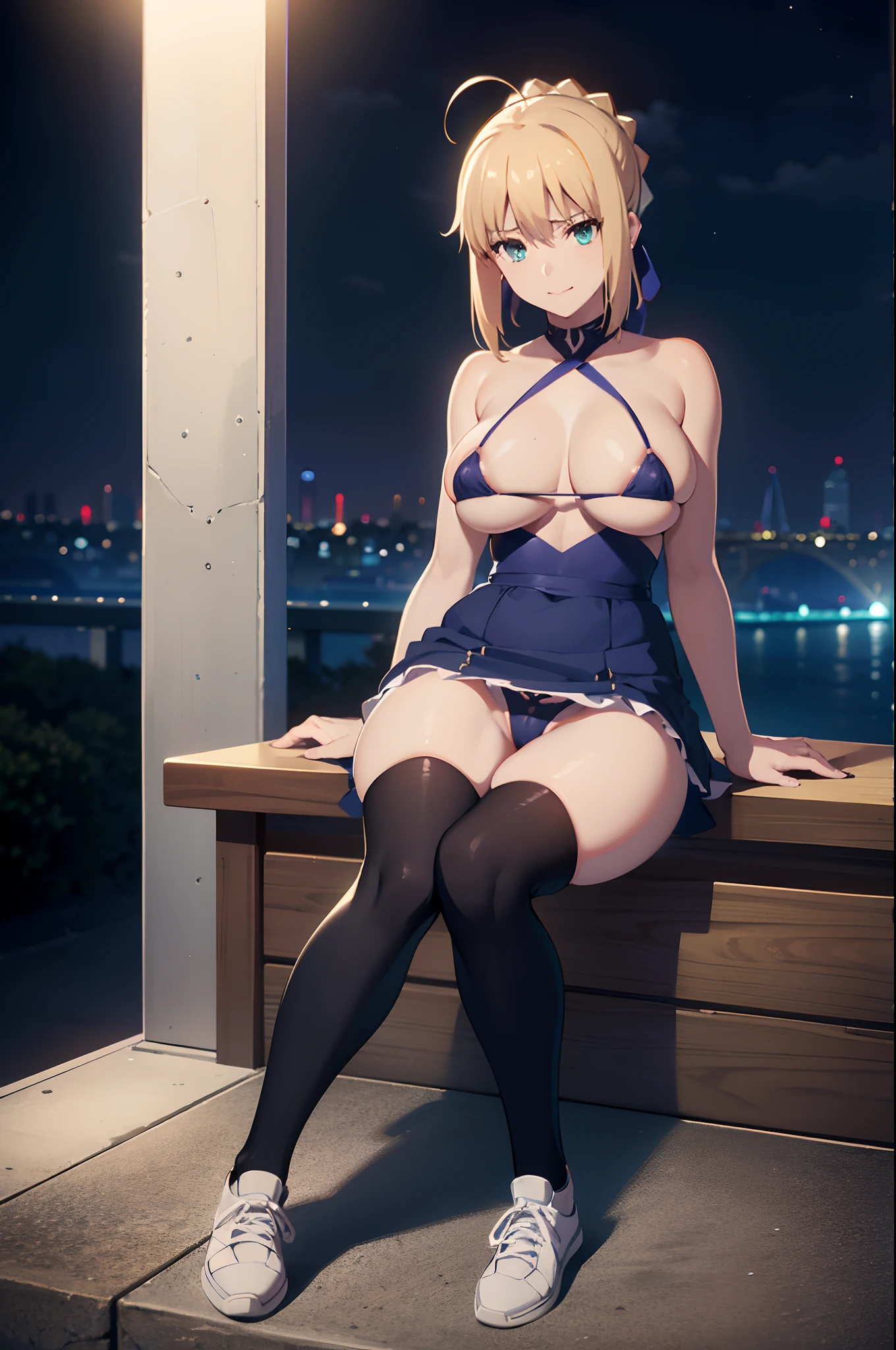 Best Quality, High resolution, distinct image, 8K,masuter piece、artoria、Beautiful and big breasts、Provocative micro bikini、overknee socks、sneakers、NSFW,ssmile、Cam Drink、Downtown at night、sexy pose