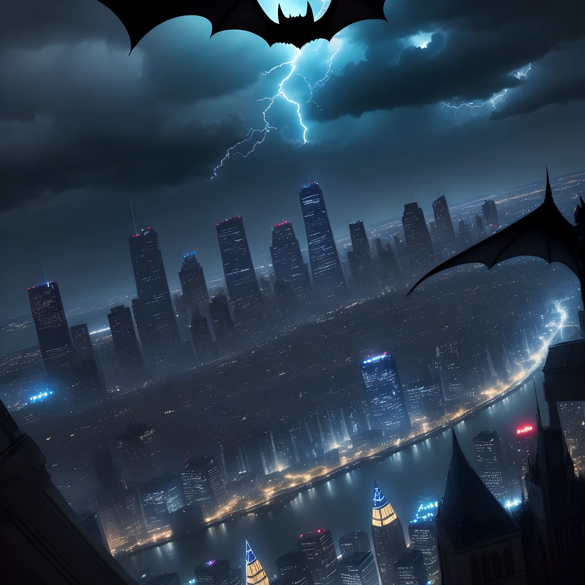 a dark blue sky with bats and batman in the sky with lightning the city lights below him