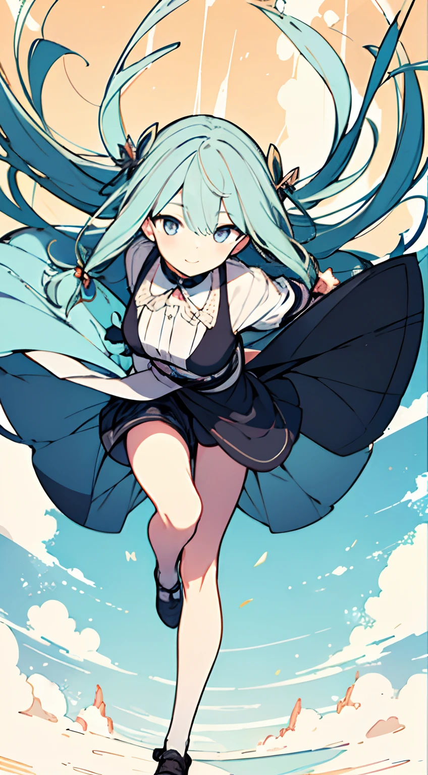 masuter piece, Best Quality,32K、Wallpaper, ultra -detail, Absurd beauty, 1beautiful girl、Big crisp eyes、Hair fluttering in the wind、Slender legs、Make your head smaller、miscievous smile、Angle looking up from below:1.3、♡♡♡、(Poses in motion)、Angle from the waist up only